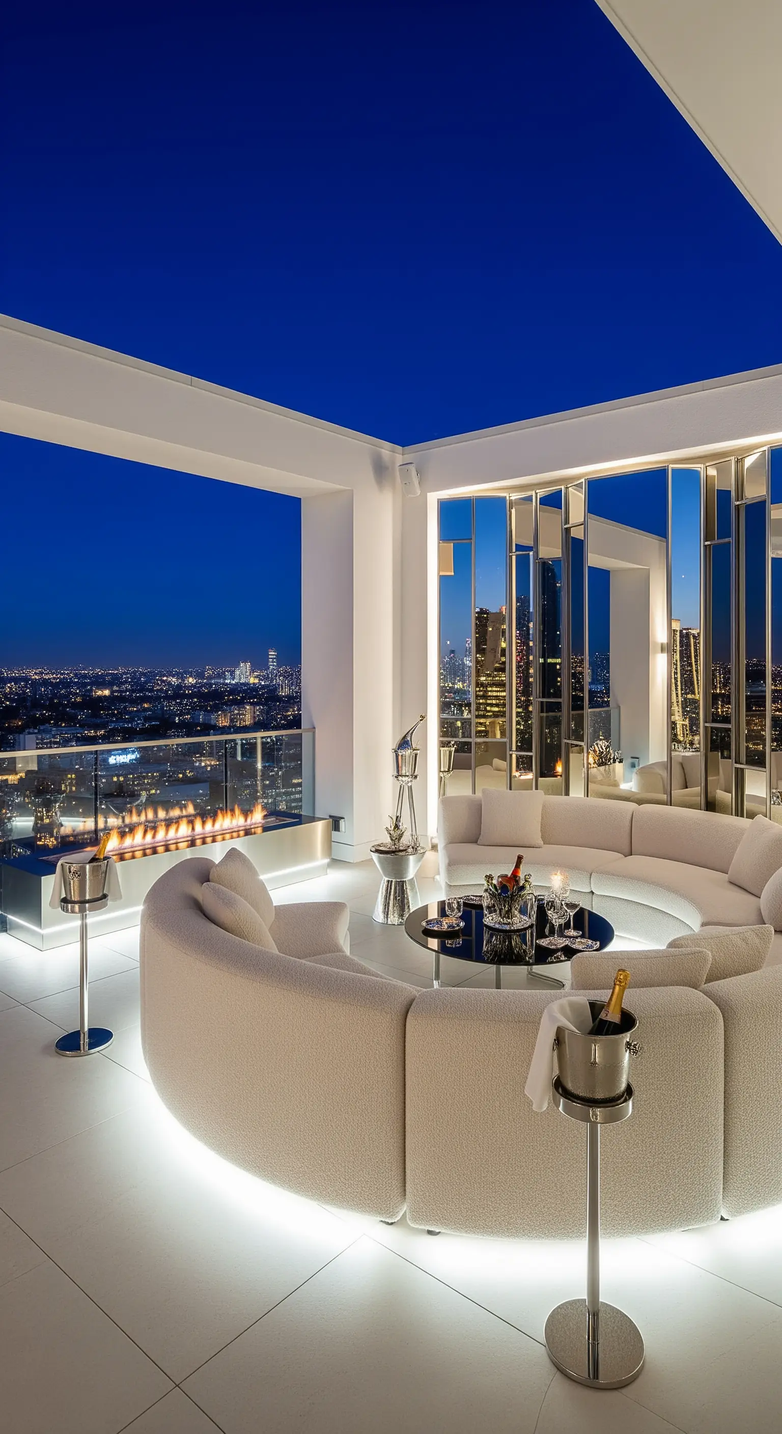 Terrazza panoramica con divano circolare bianco, braciere e parete a specchi che riflette la città