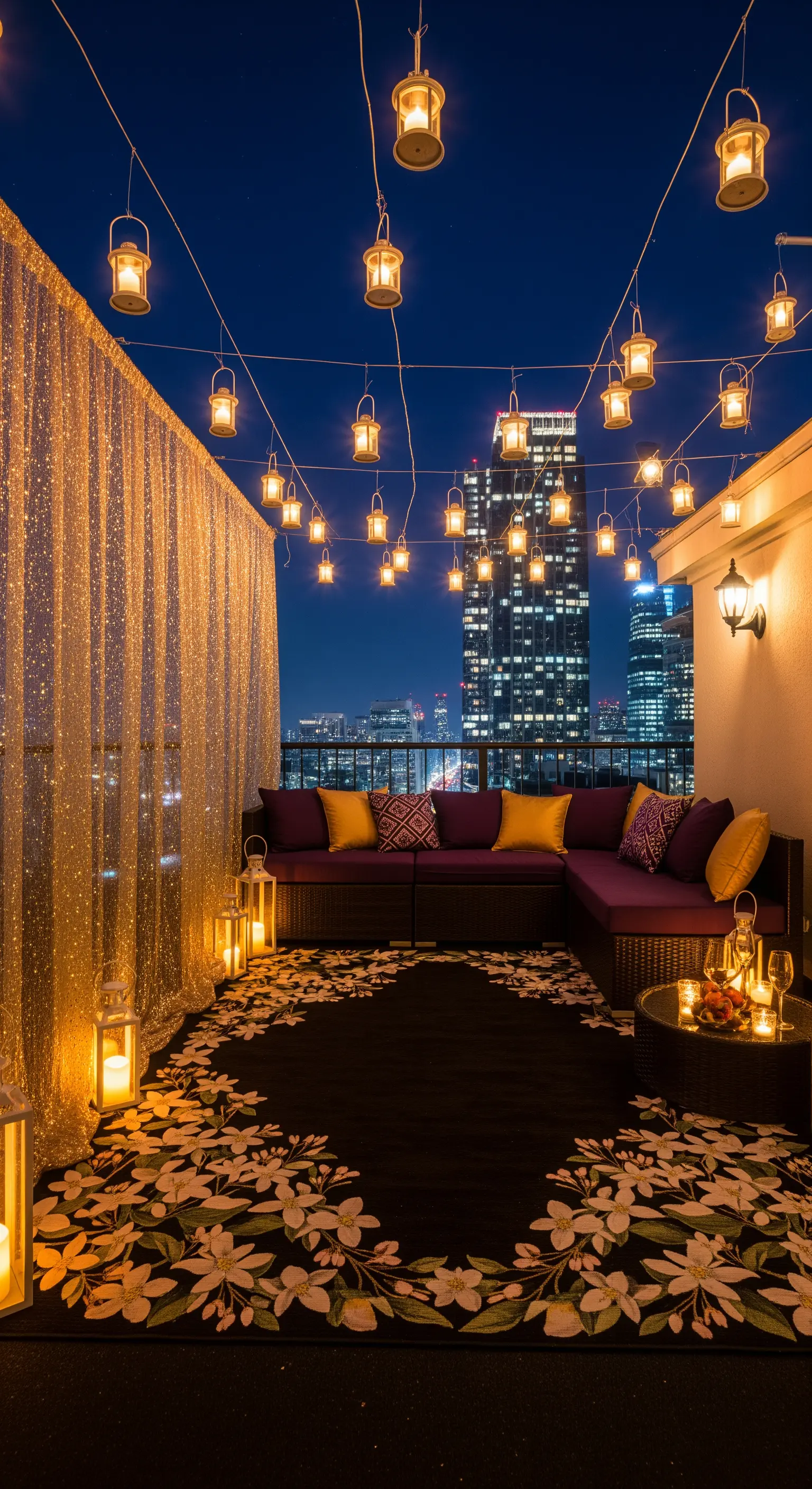 Terrazza panoramica di notte con divano viola, tappeto floreale e tende dorate scintillanti.