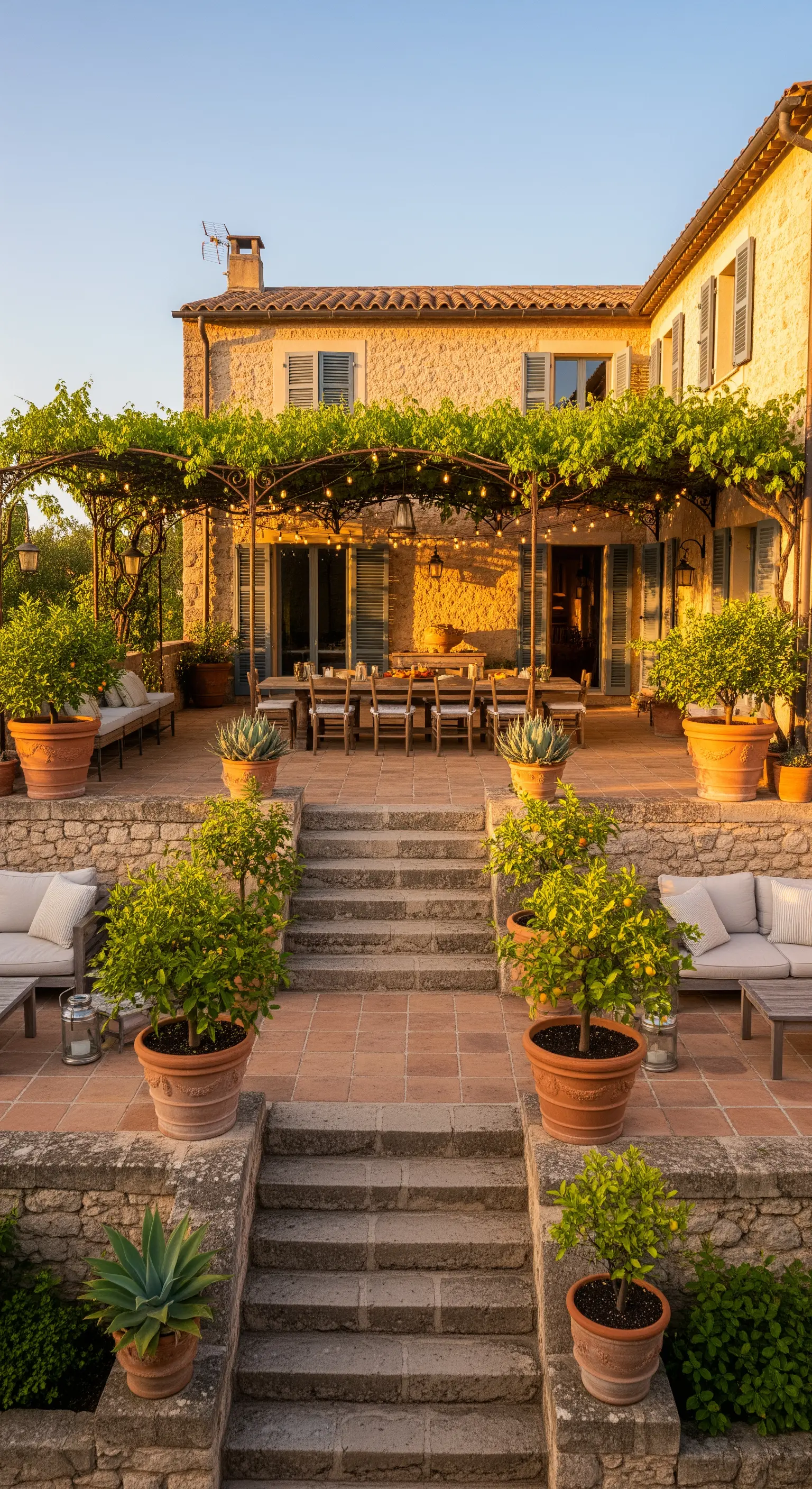 Grande terrazza su più livelli con area pranzo sotto una pergola e zona lounge.