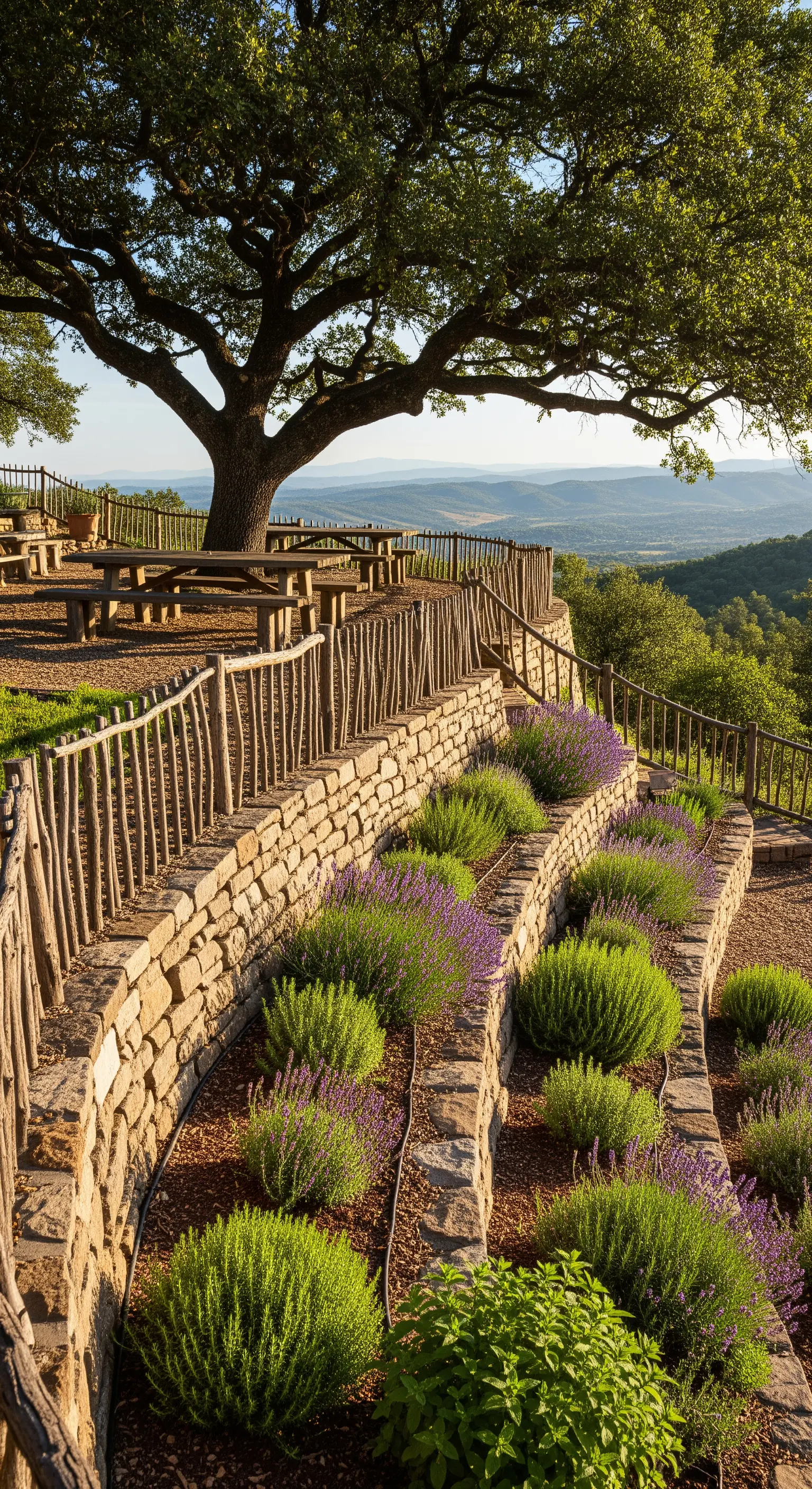 Giardino terrazzato con muretti a secco, lavanda in fiore e staccionata in legno grezzo.