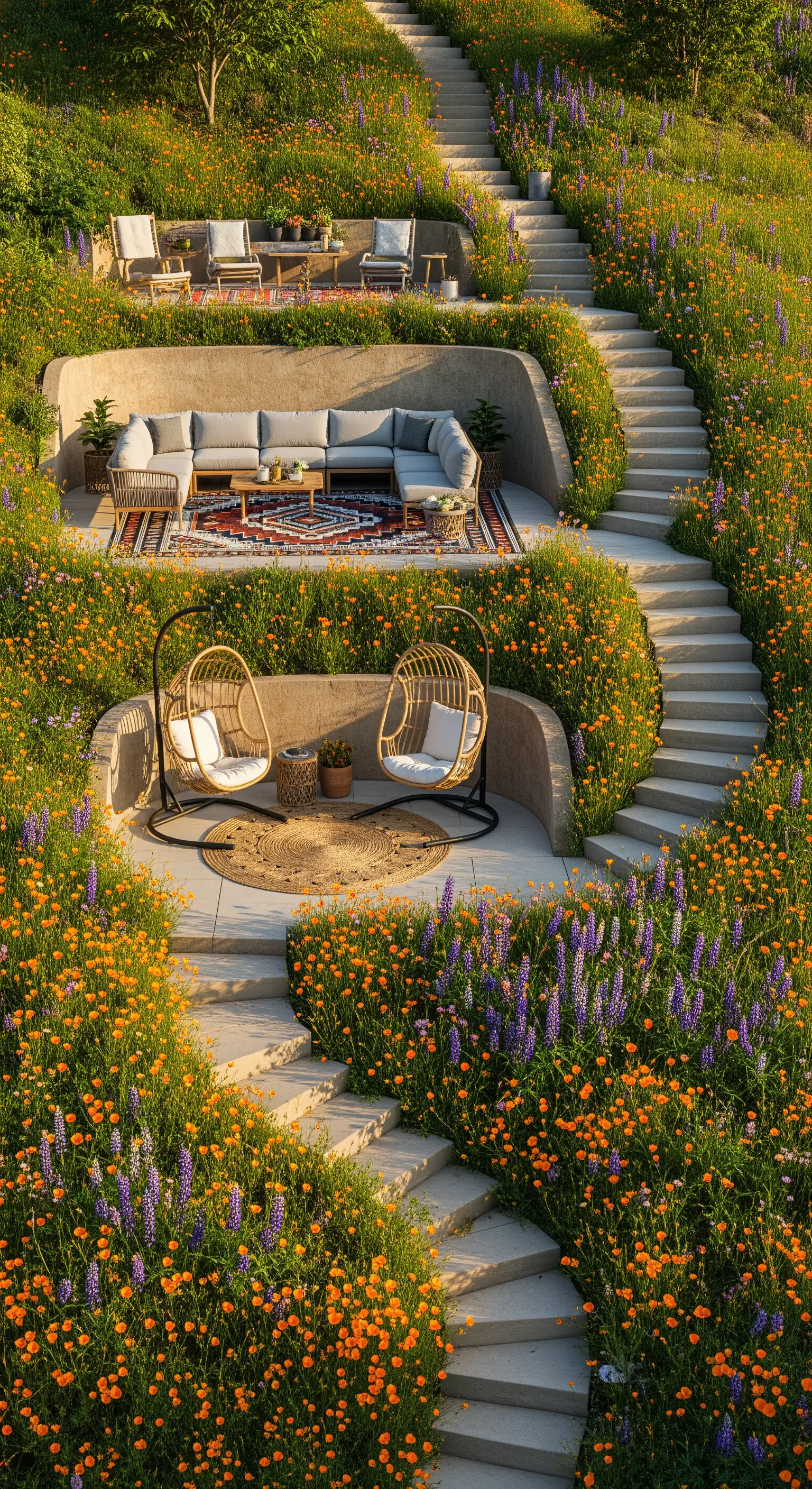 Giardino terrazzato con aree relax a più livelli, circondato da fiori di campo colorati.