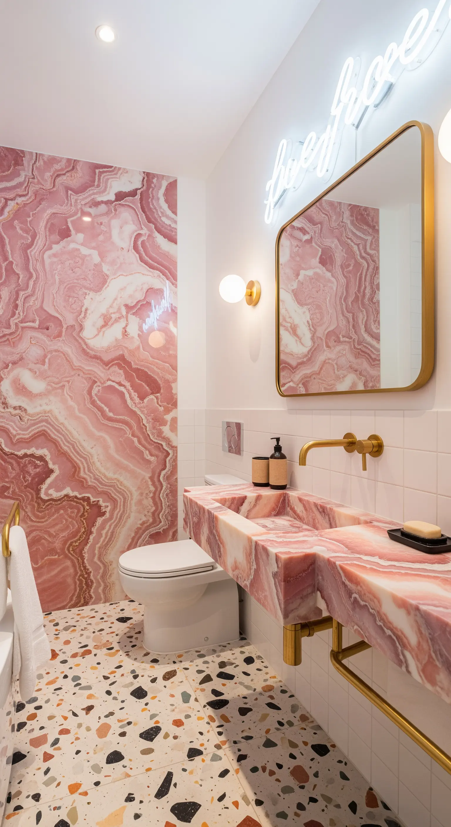 Bagno di design con pavimento in terrazzo, lavabo e parete in onice rosa, e scritta al neon.
