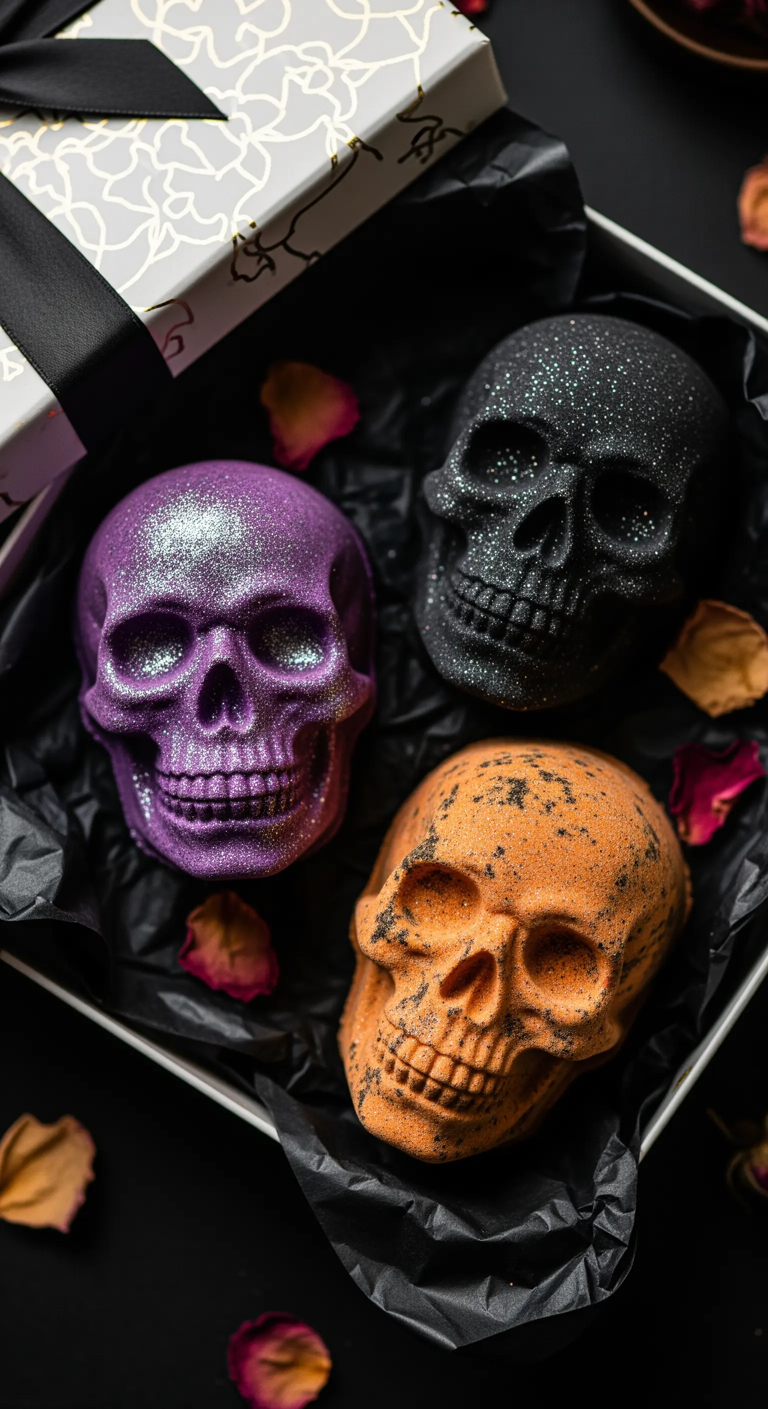 Teschi decorativi viola, neri e arancioni ricoperti di glitter in una scatola regalo.