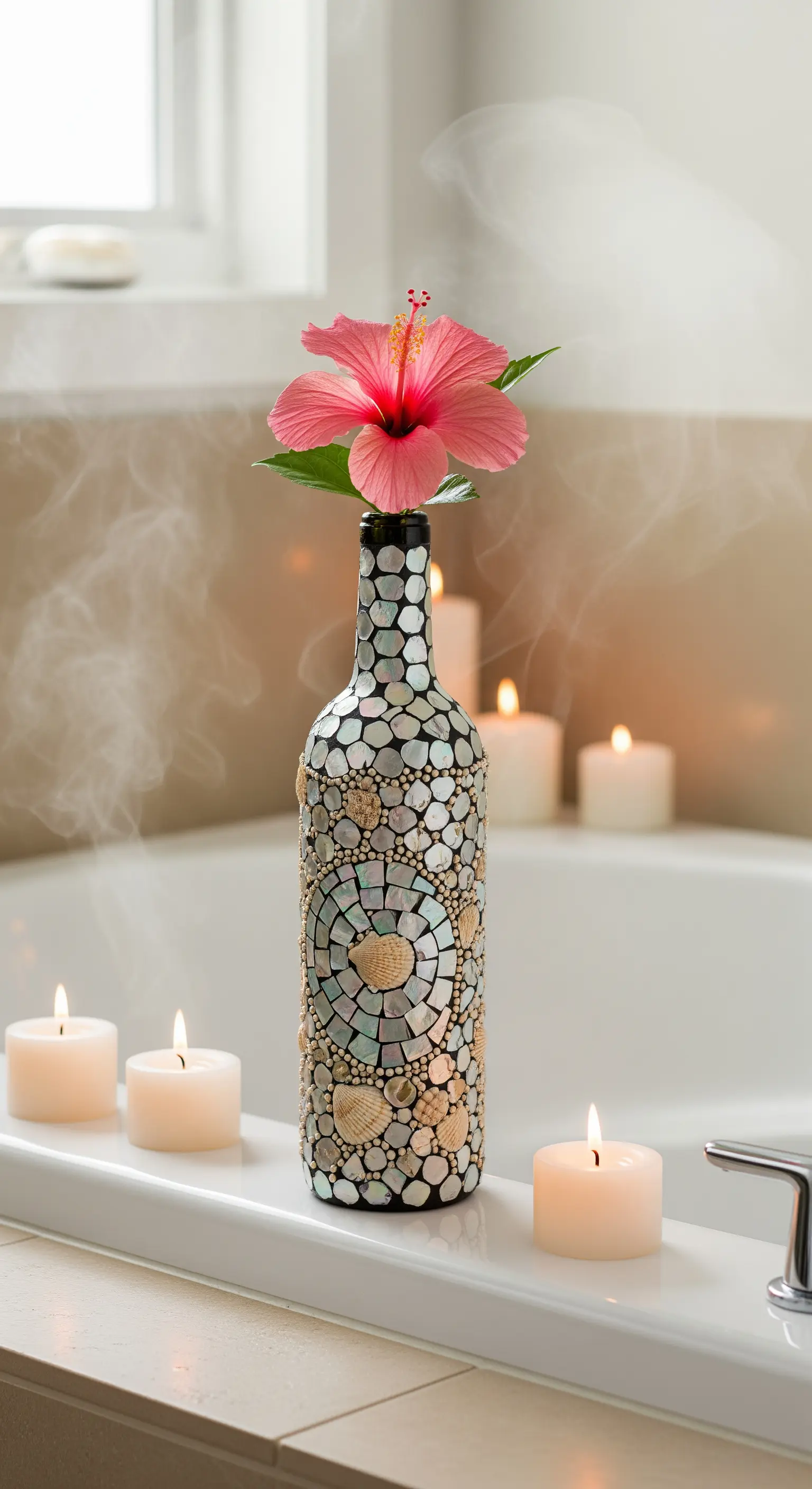 Bottiglia di vino decorata con un mosaico di conchiglie e piastrelle di madreperla.