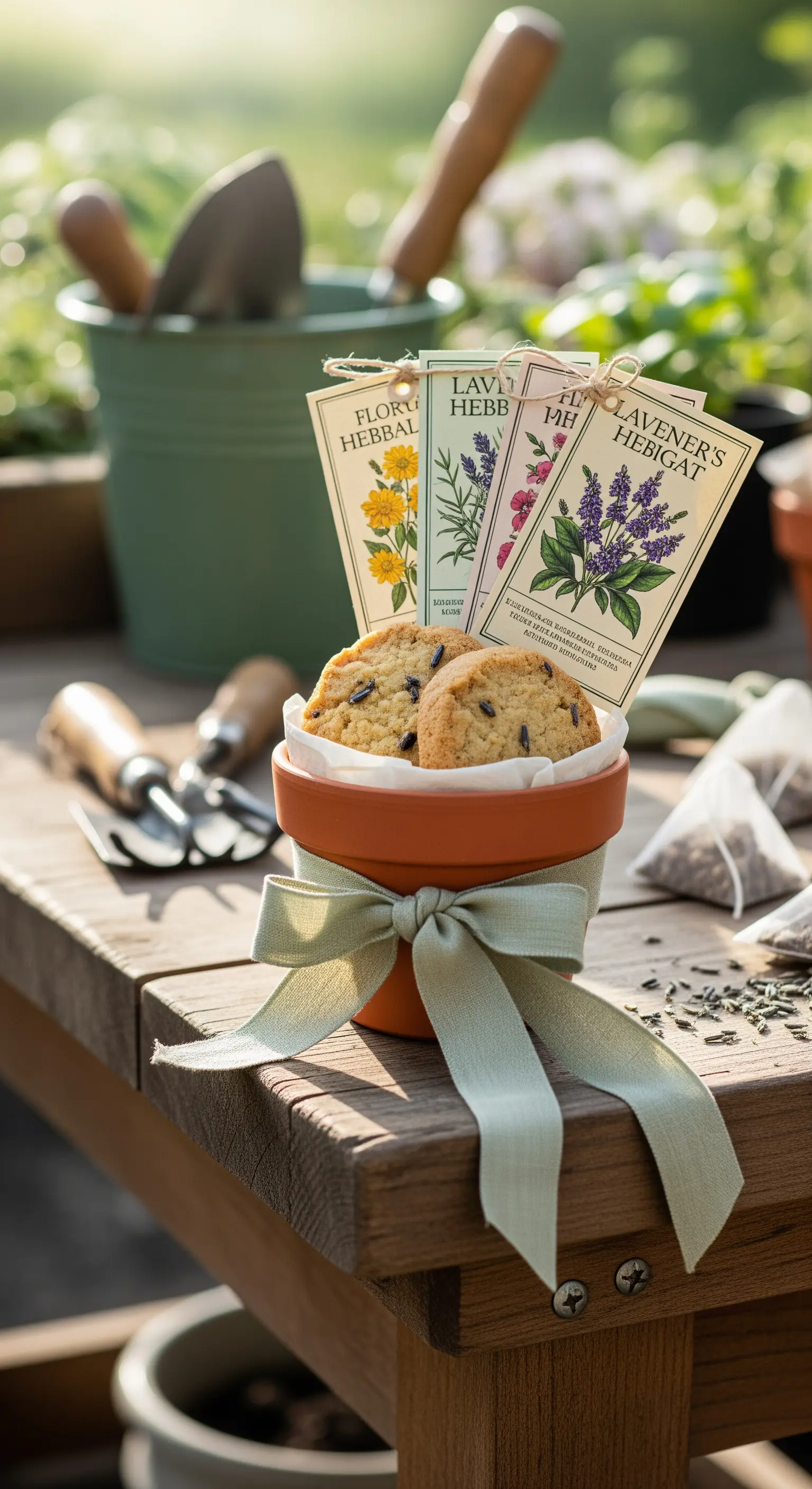 Biscotti e bustine di tè alle erbe presentati in un vasetto di terracotta con un fiocco.