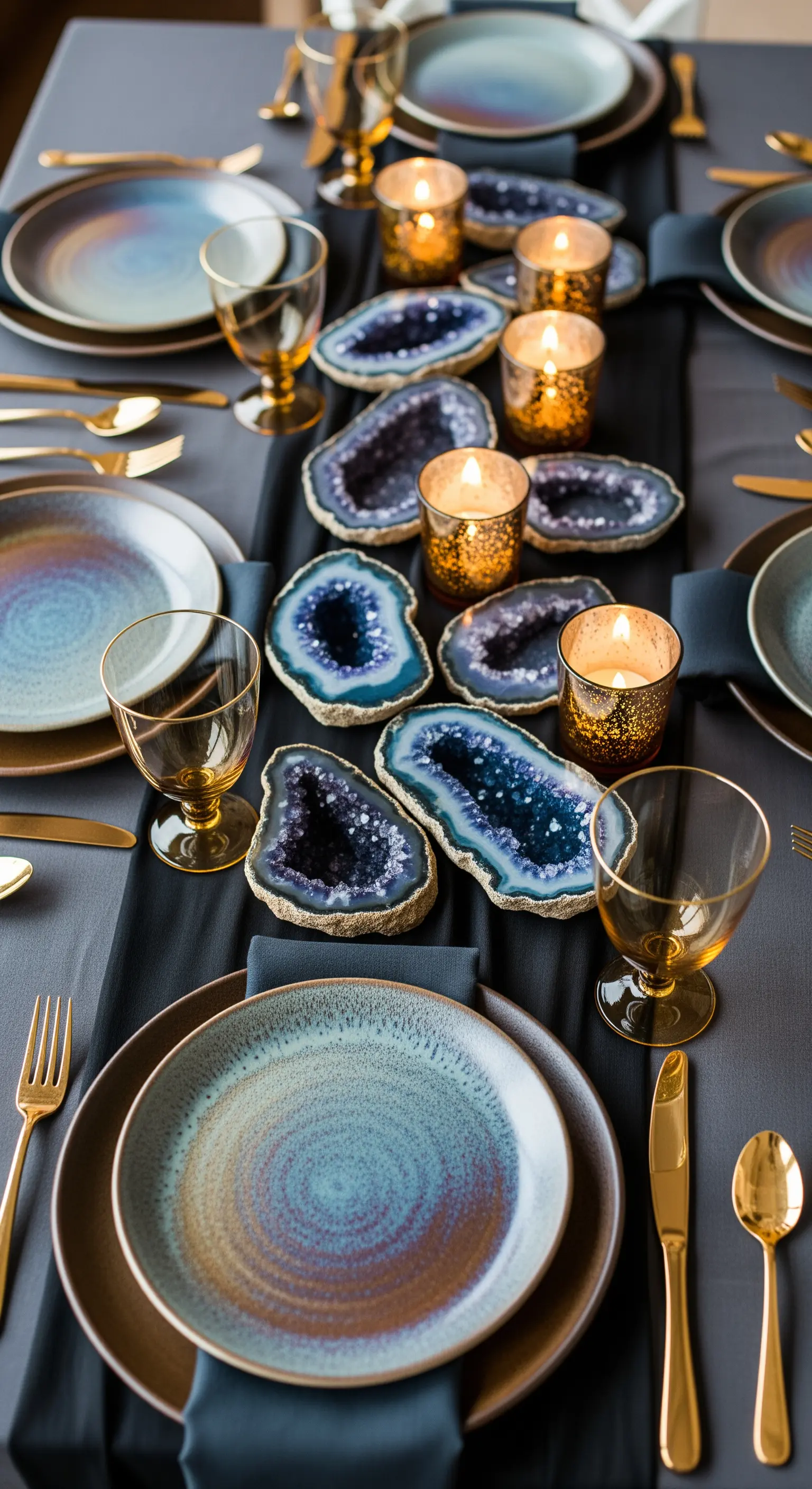 Tavola grigia decorata con geodi aperti, candele dorate e piatti cangianti.