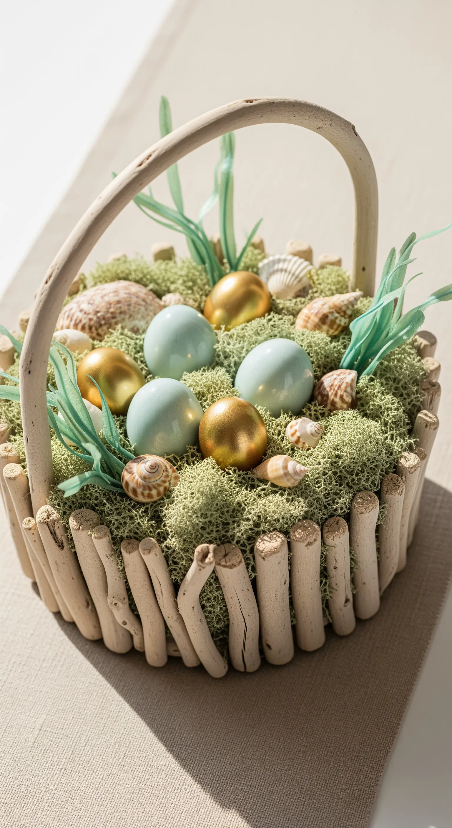Cesto in legnetti con muschio, uova azzurre e dorate, e conchiglie.