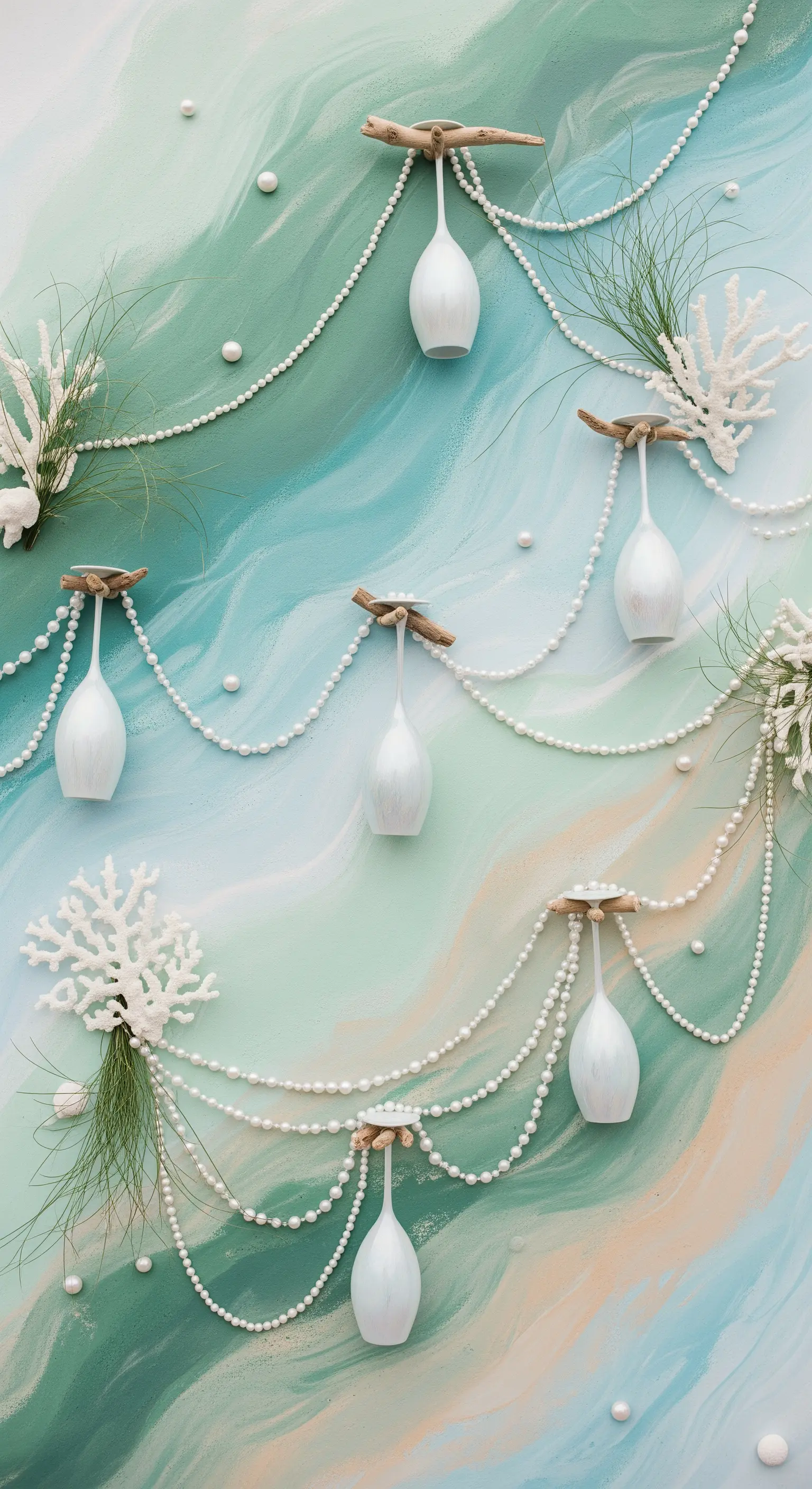 Parete dipinta a effetto acquerello con perle, coralli e calici bianchi sospesi.