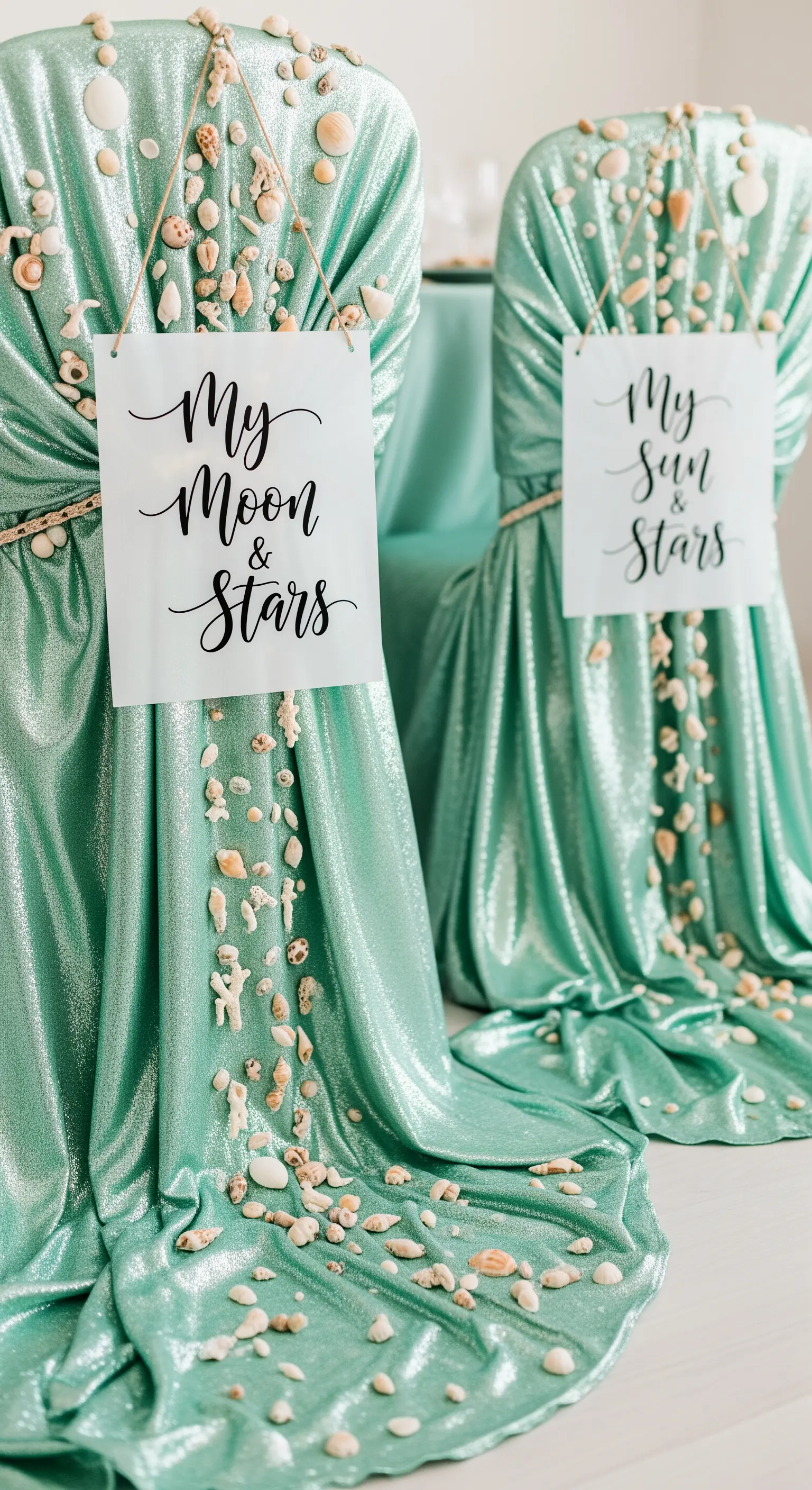 Sedie coperte da un tessuto verde acqua brillante e decorate con conchiglie sparse.