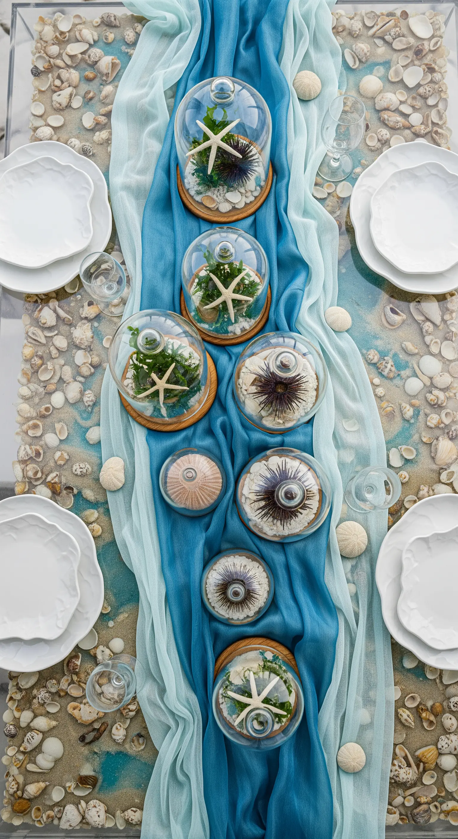 Runner azzurro con campane di vetro che racchiudono ricci di mare e stelle marine.