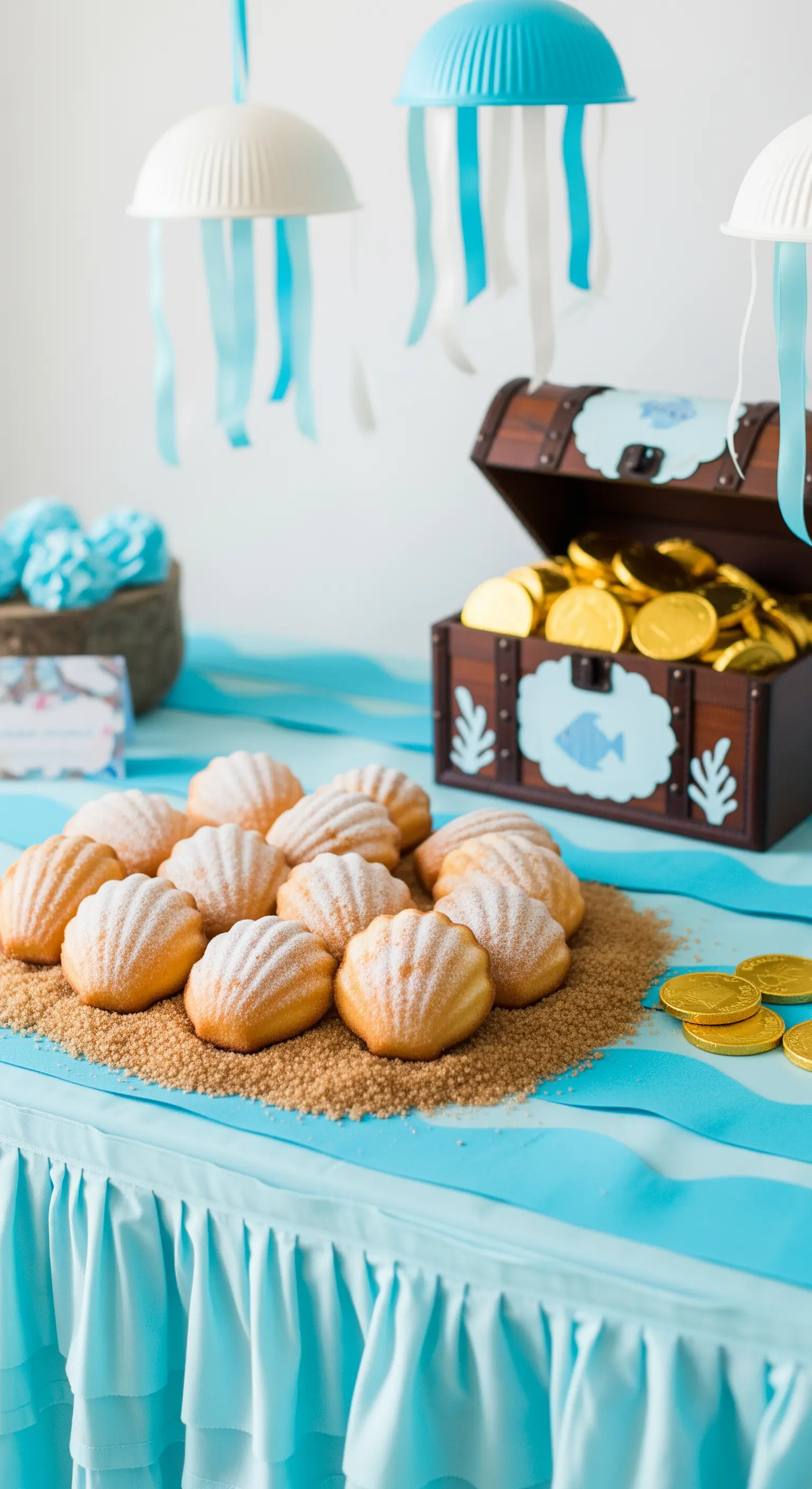 Buffet a tema marino con dolci a forma di conchiglia, forziere del tesoro e meduse di carta.