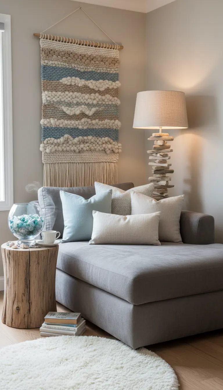 Angolo relax con chaise longue, arazzo materico e lampada con base di sassi impilati.