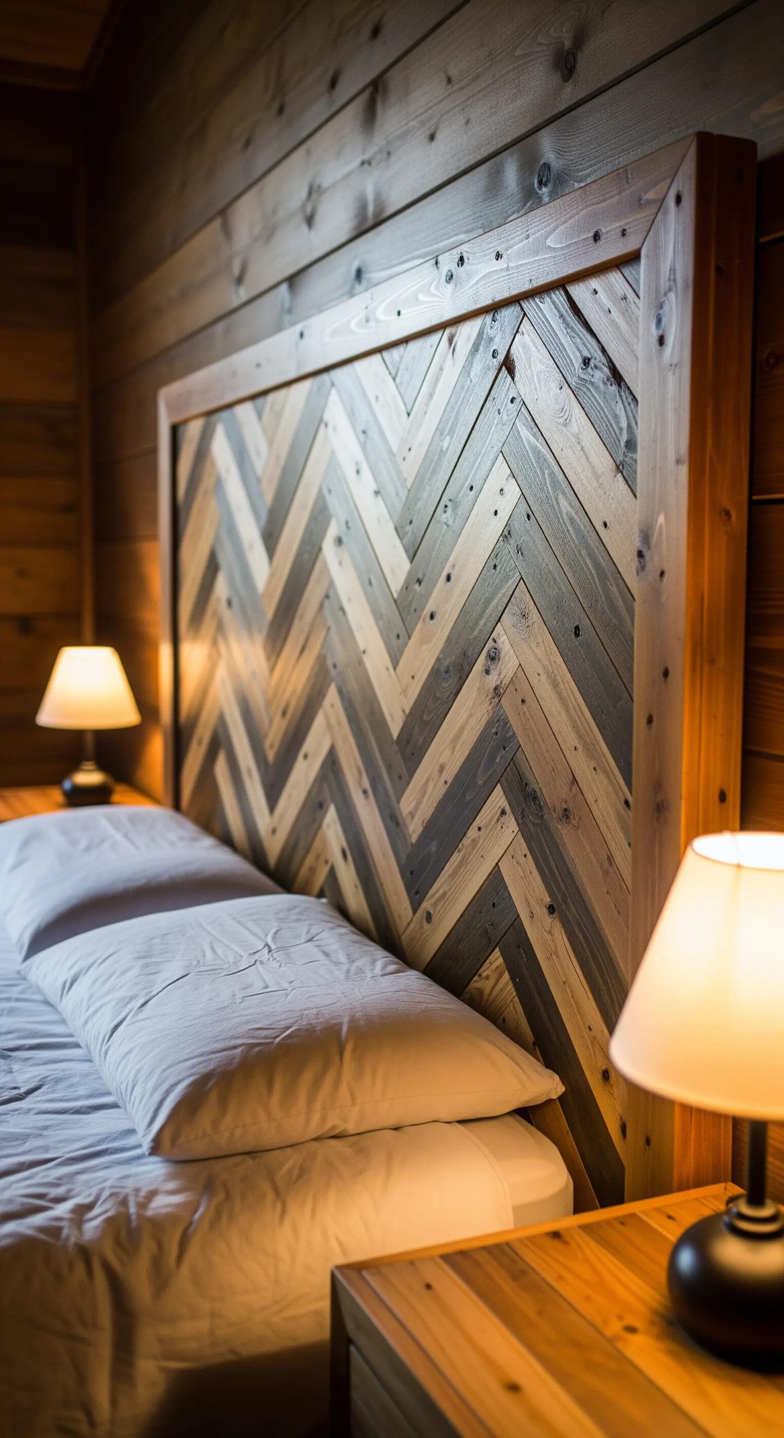 Testiera del letto in legno di recupero con motivo a spina di pesce bicolore.