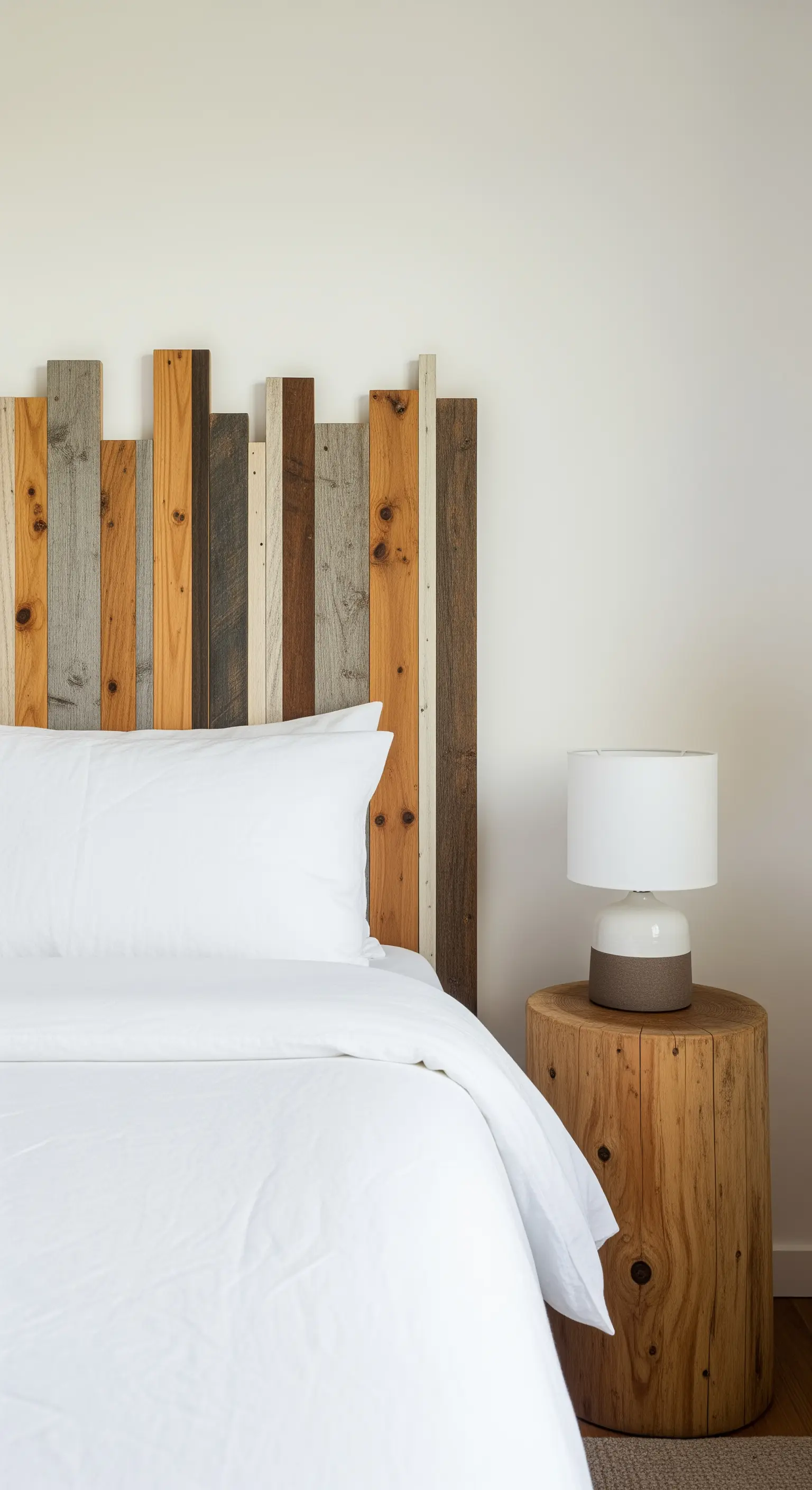 Testiera del letto fai-da-te creata con assi di legno di recupero di diverse altezze e colori.