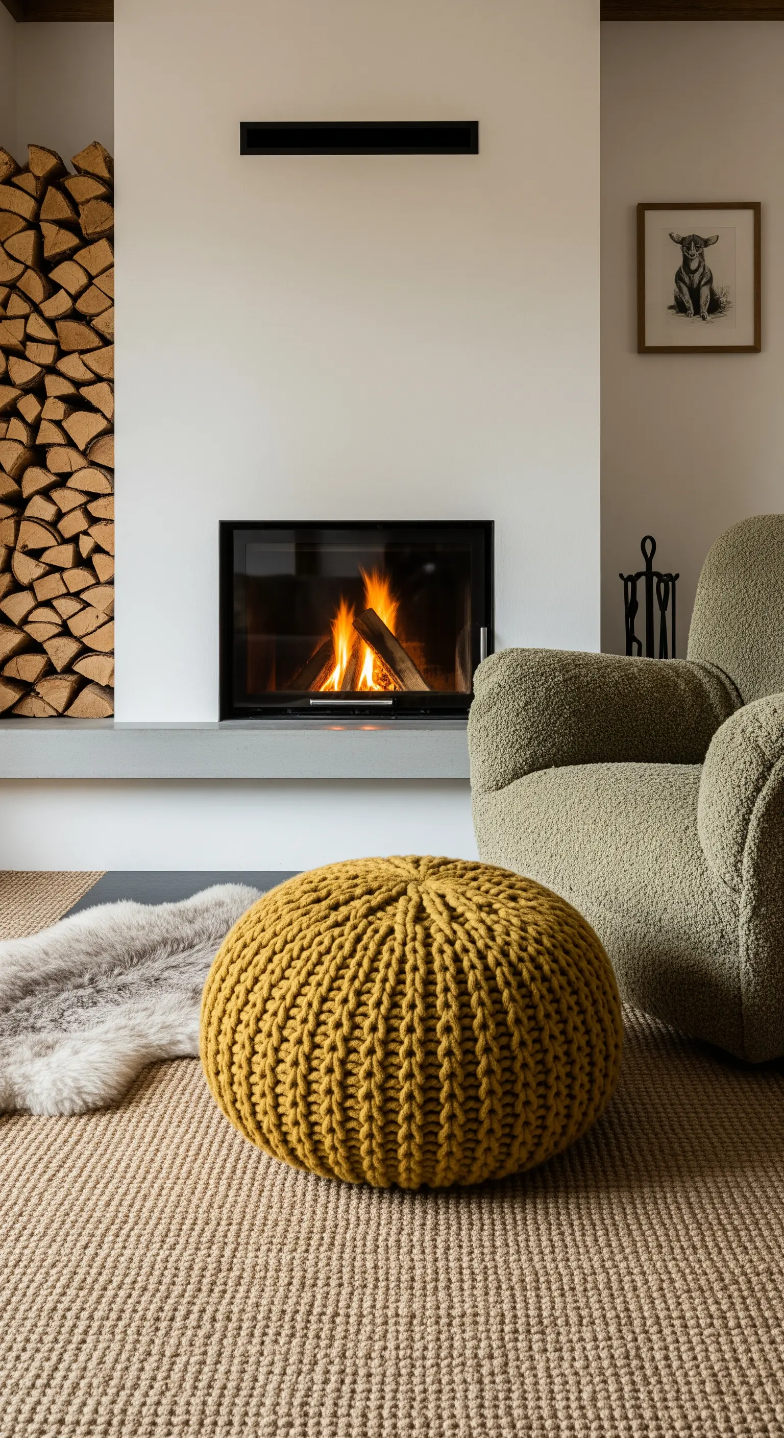Camino moderno con poltrona bouclé verde, pouf in maglia senape e tappeto in sisal.