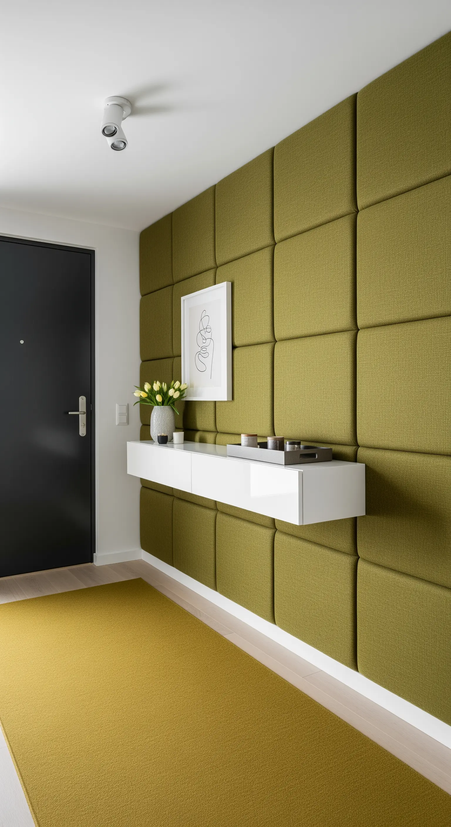 Parete con pannelli imbottiti verde oliva, consolle bianca sospesa e tappeto senape.