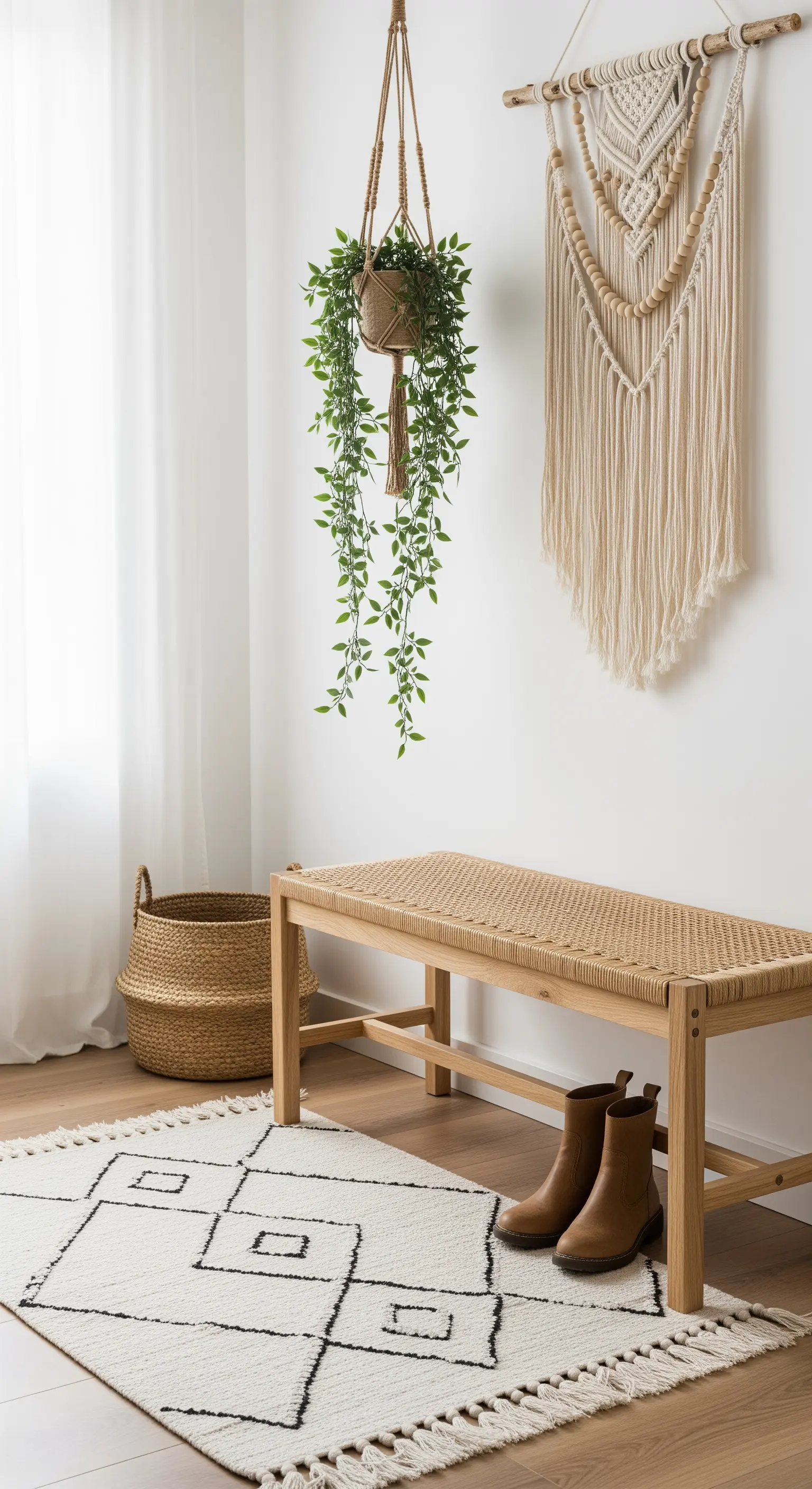 Angolo d'ingresso in stile boho con panca in corda, tappeto berbero e macramè a parete.
