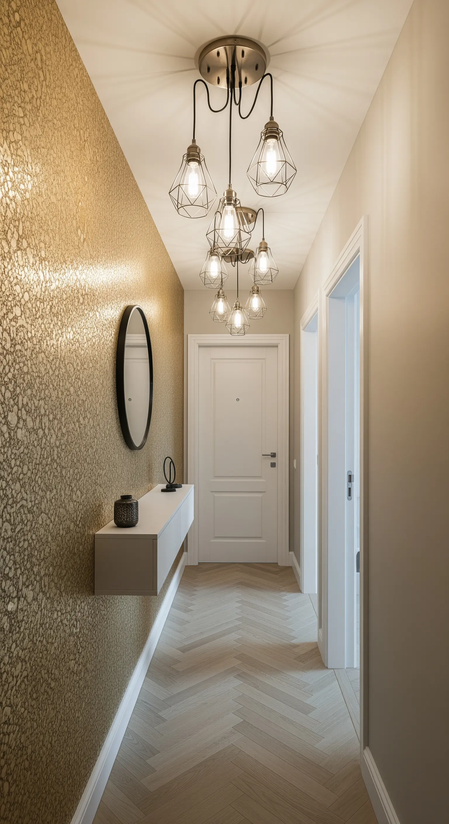Corridoio stretto con carta da parati dorata, consolle bianca sospesa e lampadario geometrico.
