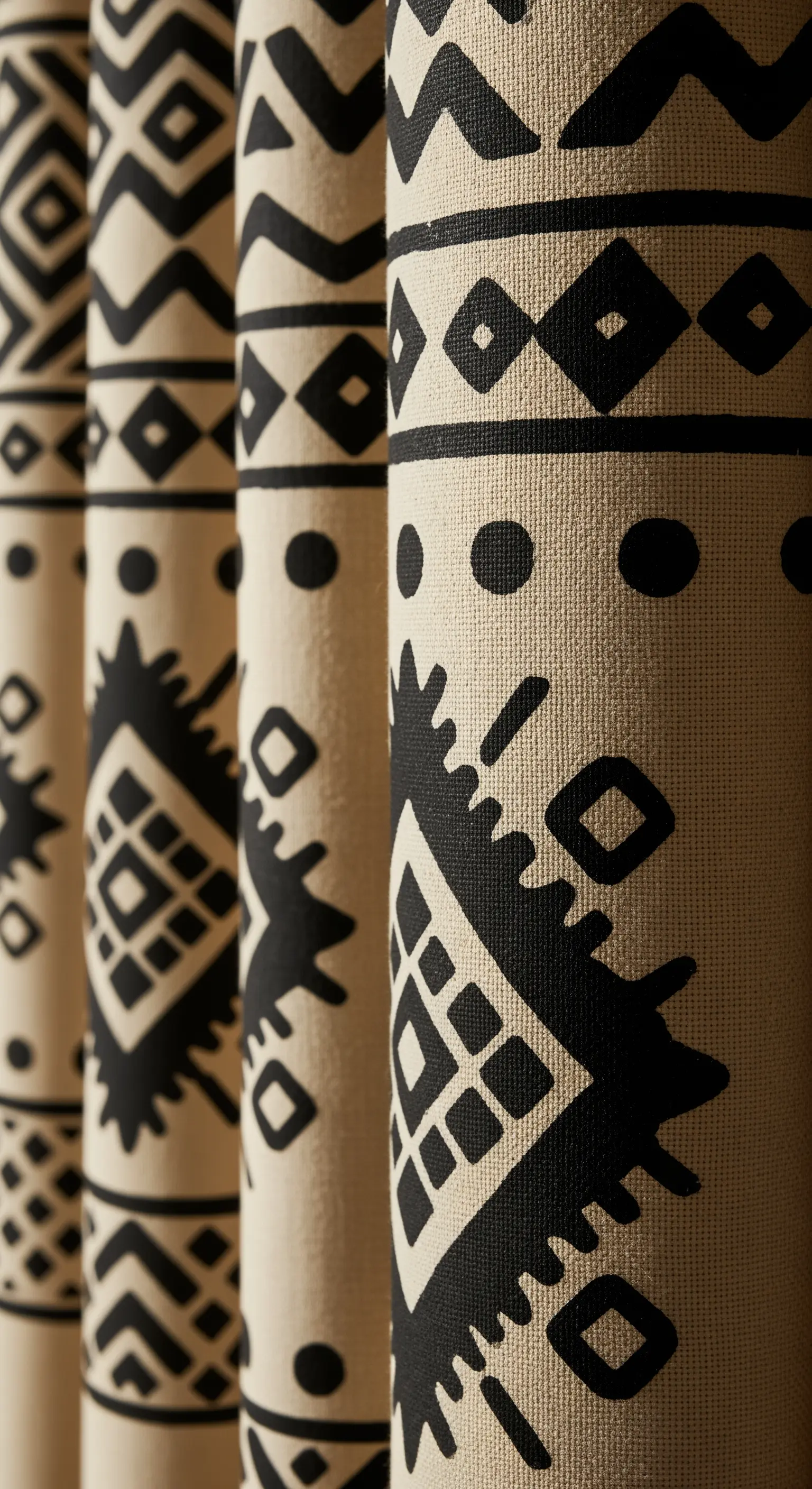 Dettaglio di una tenda in tessuto pesante con un motivo etnico geometrico stampato in nero.