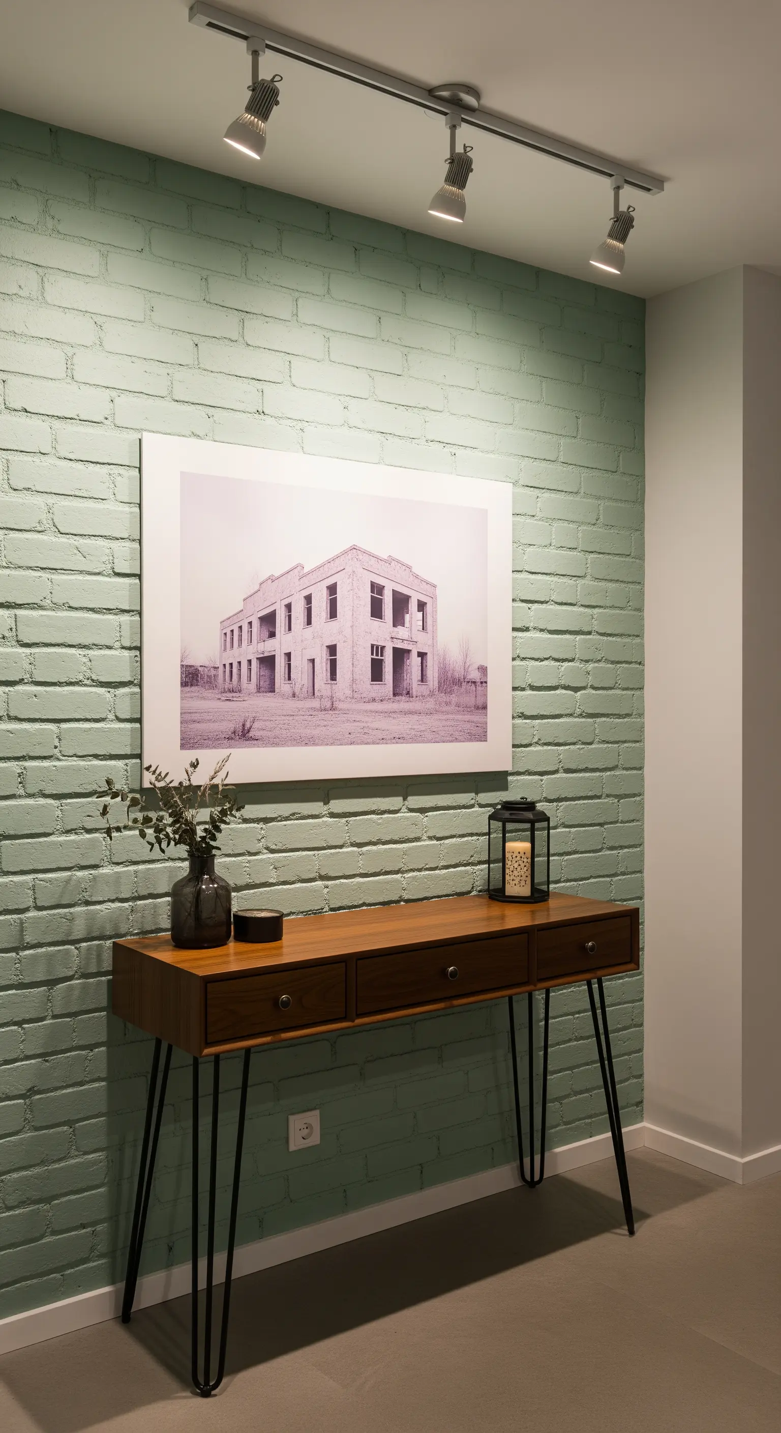 Parete di mattoni verde menta con consolle in stile industriale e illuminazione a binario.