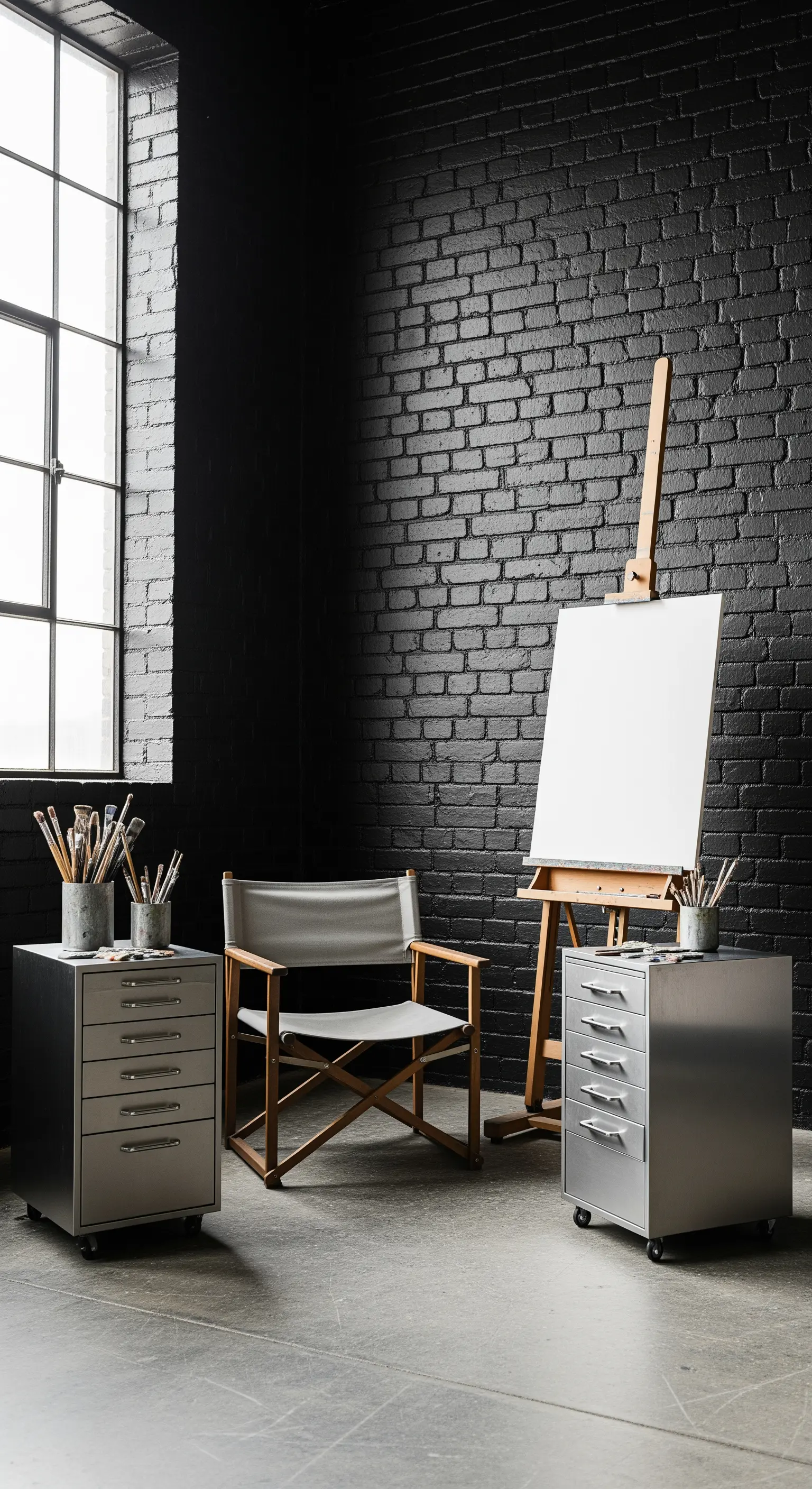 Parete di mattoni neri in uno studio d'artista con mobili in metallo e sedia da regista.