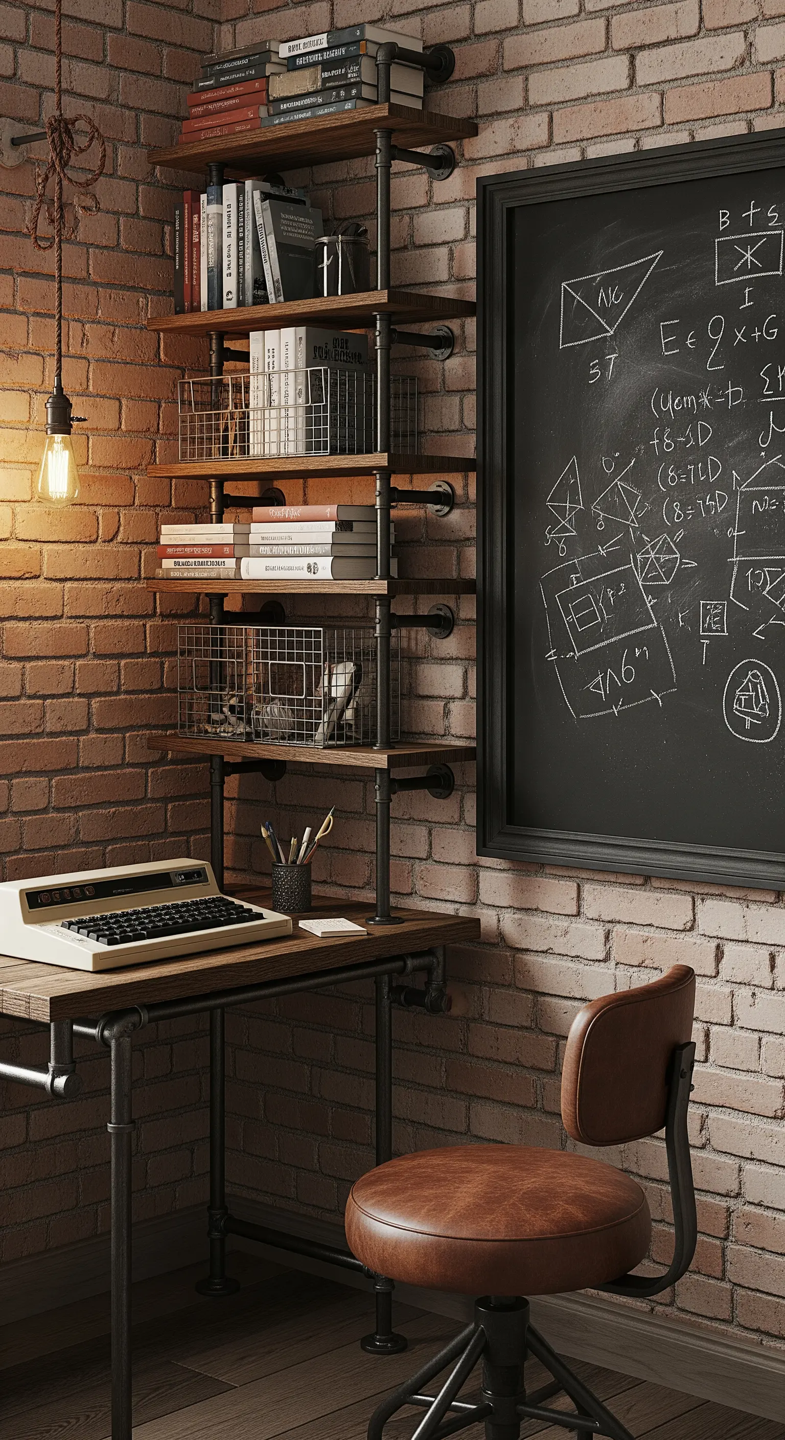 Scrivania in stile industrial con tubi in metallo, mensole in legno e parete di mattoni.