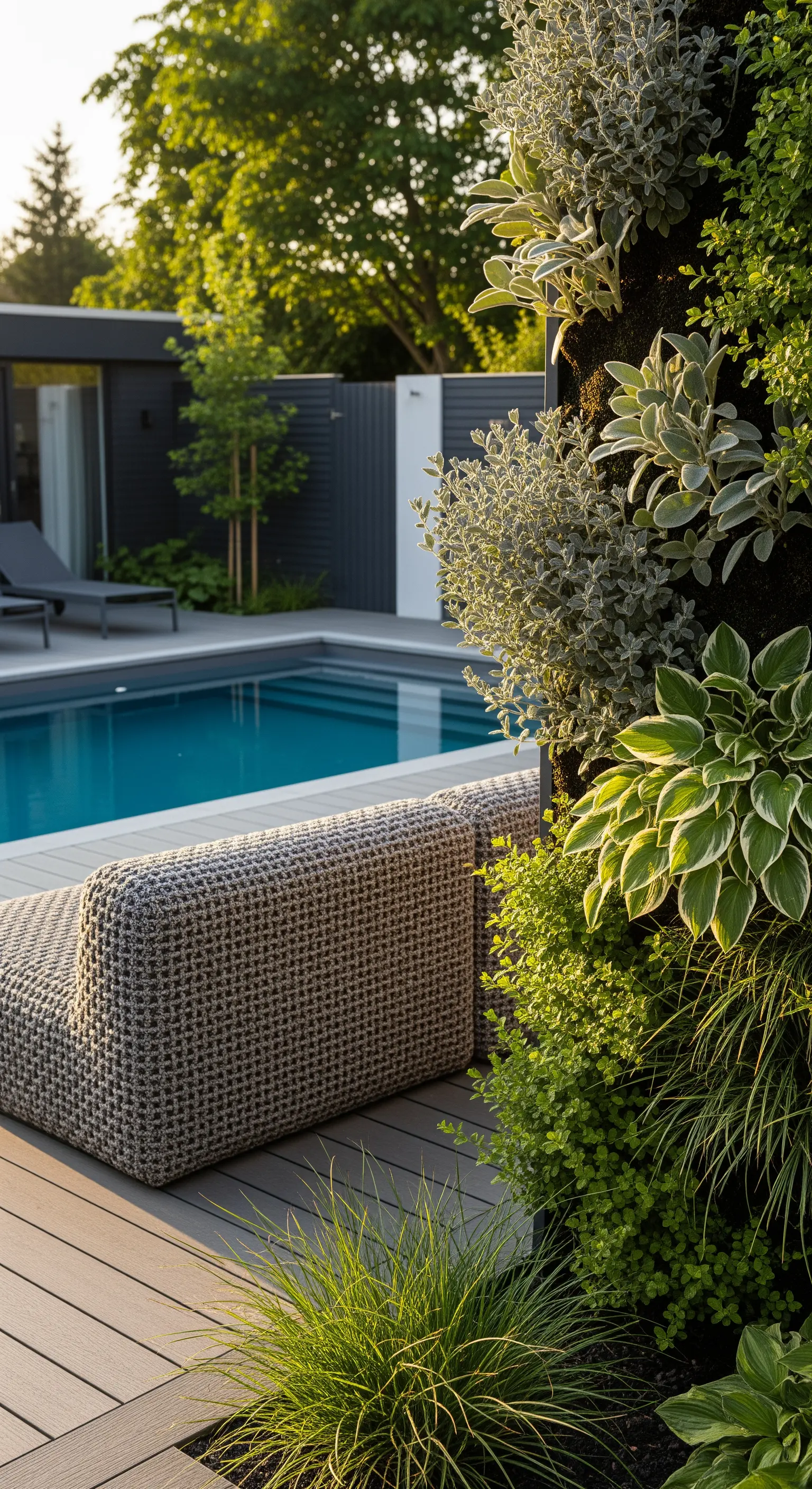 Dettaglio di un divano in corda intrecciata grigia vicino a una parete verde variegata.