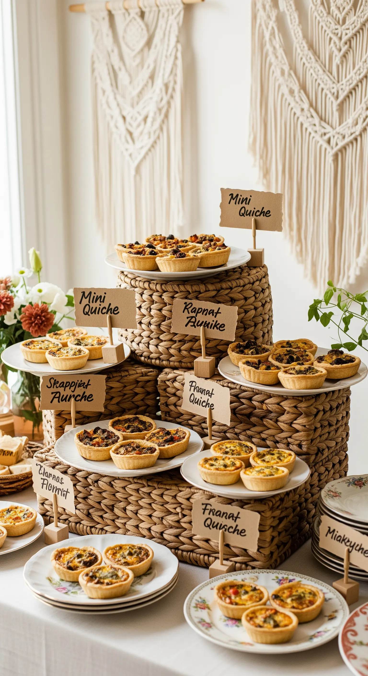 Mini quiche salate servite su alzate di fibra naturale intrecciata, con etichette in cartoncino kraft.