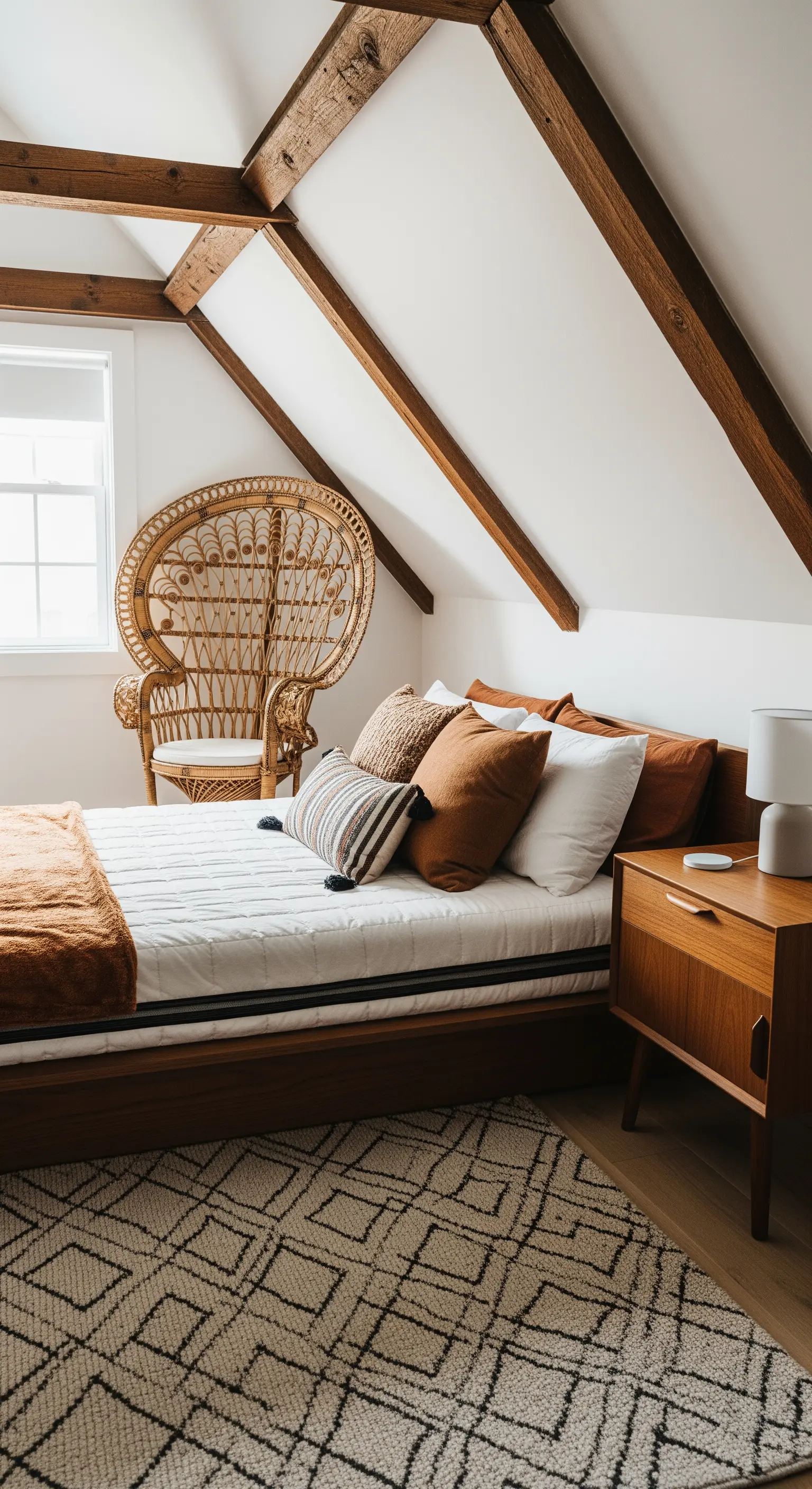 Mansarda con travi in legno, letto basso, sedia Peacock in vimini e comodino Mid-Century.