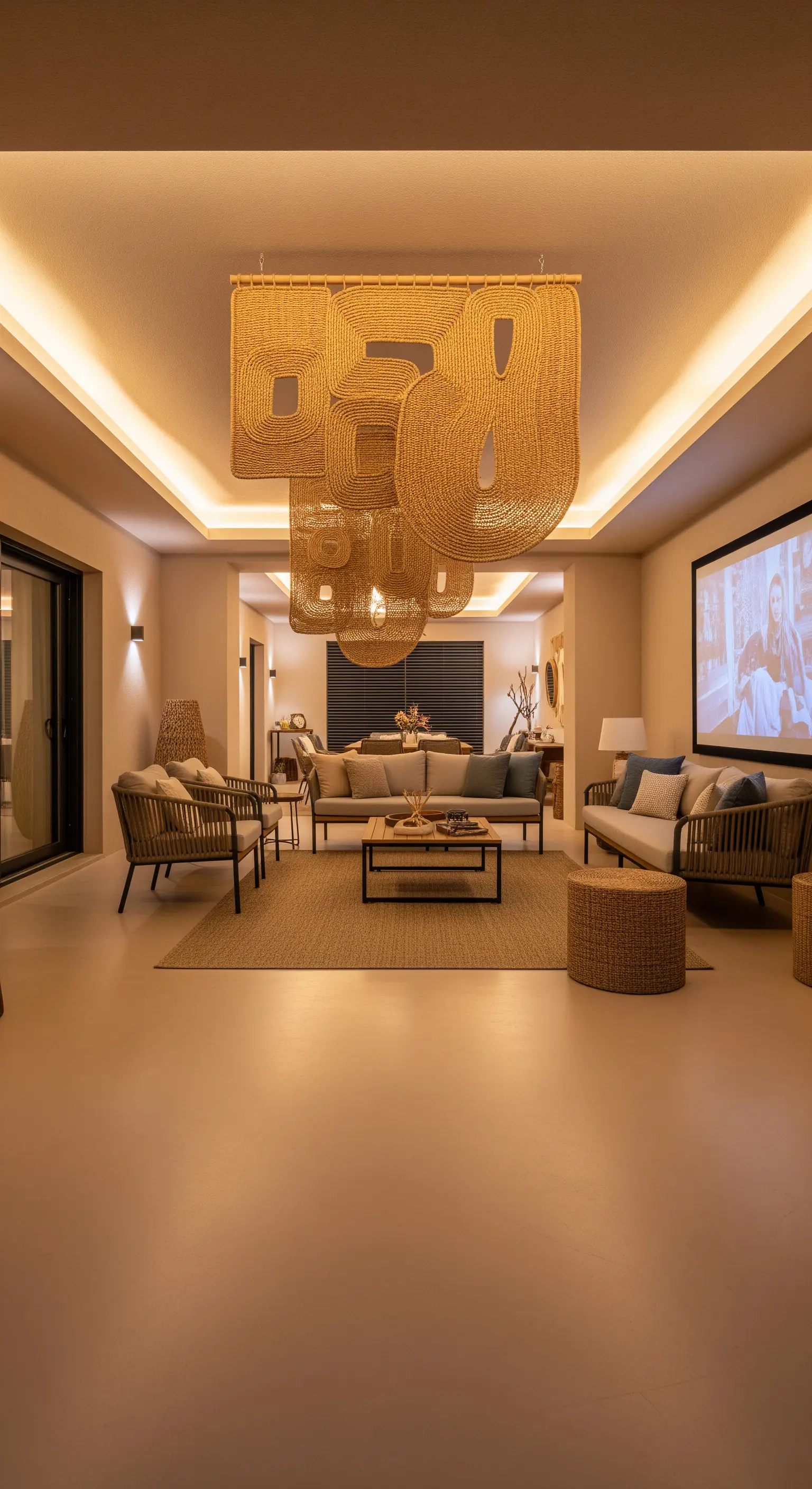 Soggiorno con pavimento in resina beige, arredi in rattan e grande lampadario intrecciato.