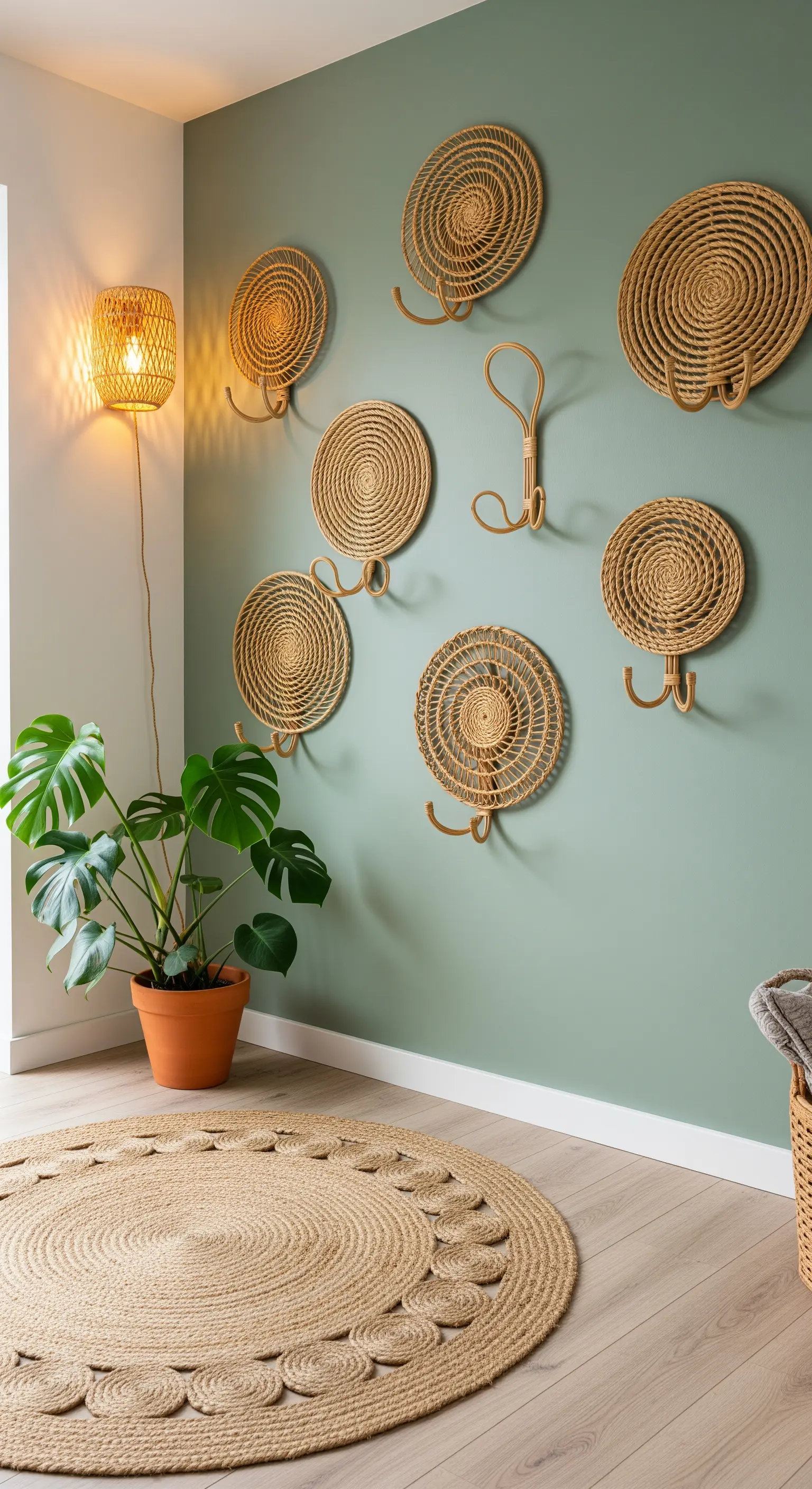 Ganci appendiabiti in rattan a forma di spirale su una parete verde salvia.