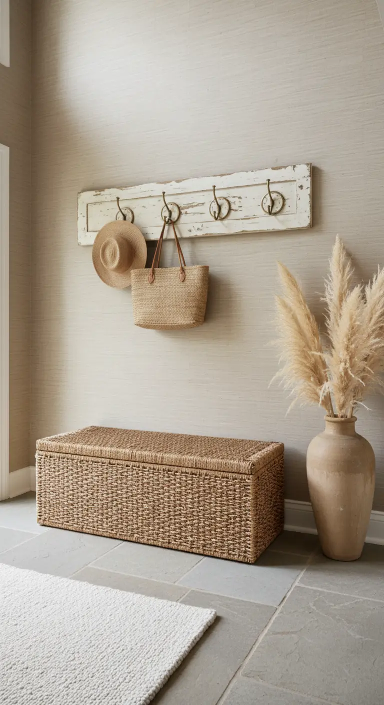 Cassapanca in rattan intrecciato e appendiabiti in legno recuperato su una parete materica.