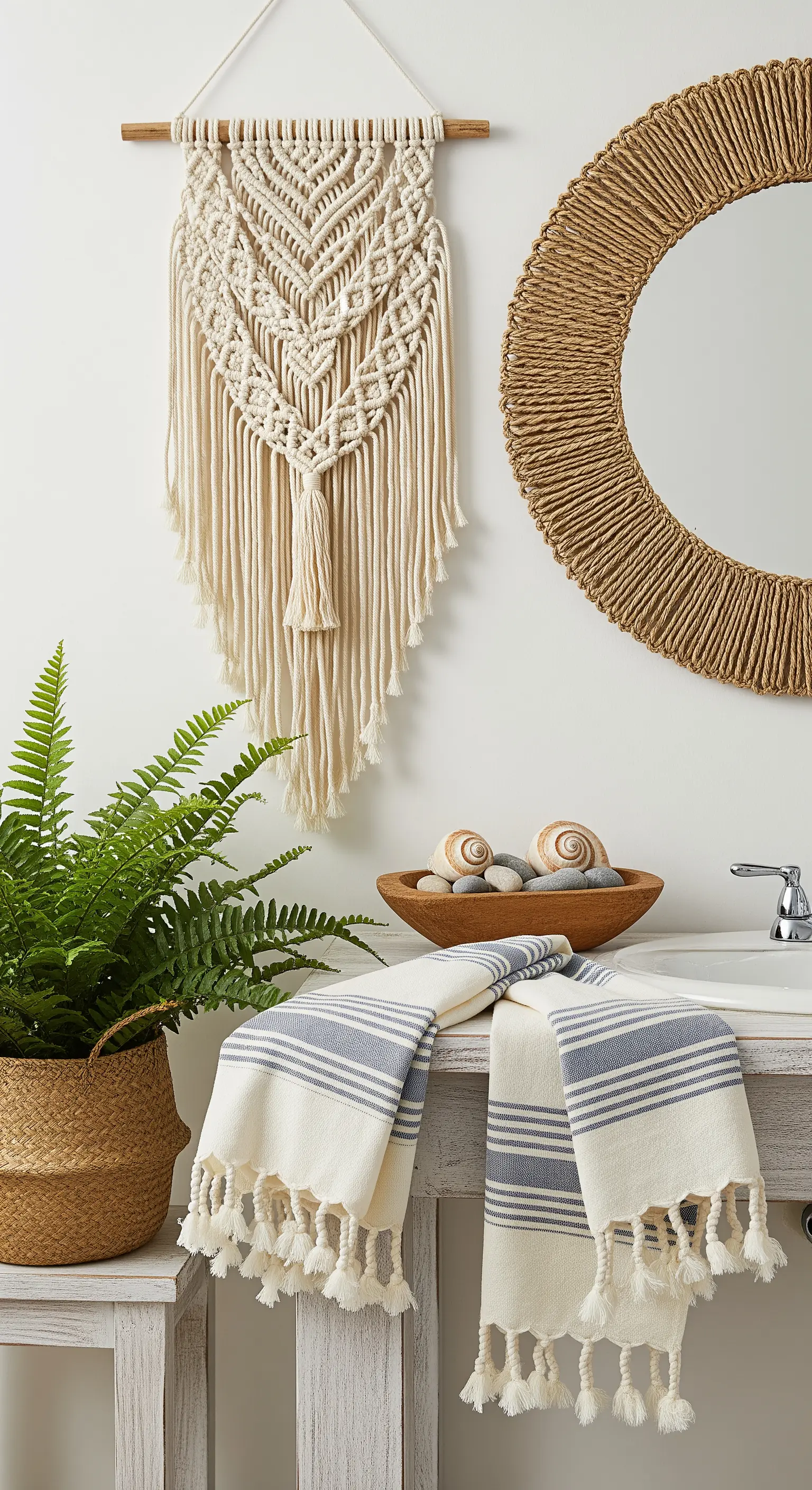 Dettaglio di un lavabo con specchio in corda, arazzo in macramè e pianta verde.