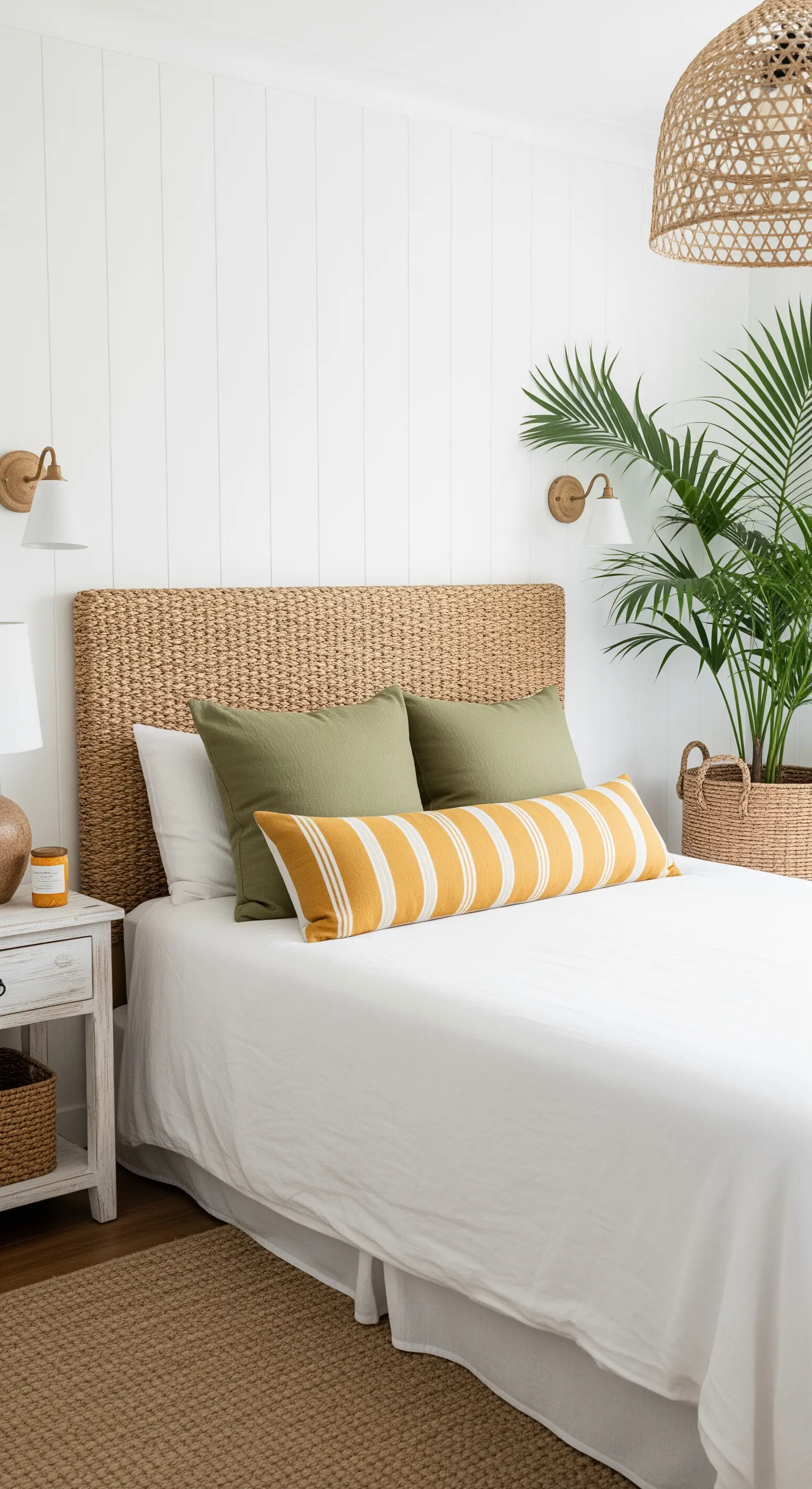 Letto con testiera in rattan, cuscini verde oliva e a righe senape, in una stanza luminosa.