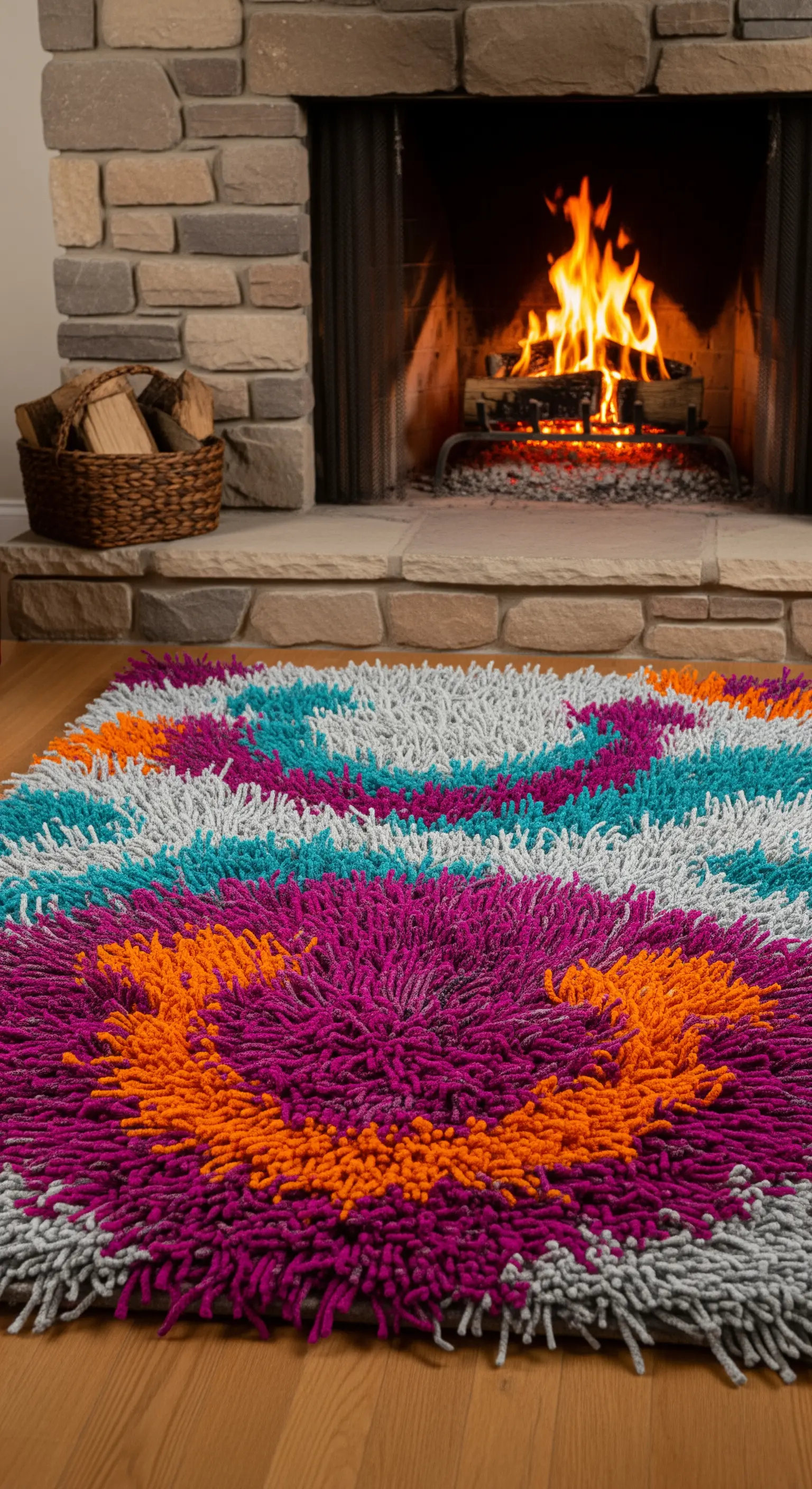 Primo piano di un tappeto shaggy multicolore in fucsia, arancione e turchese davanti a un camino acceso