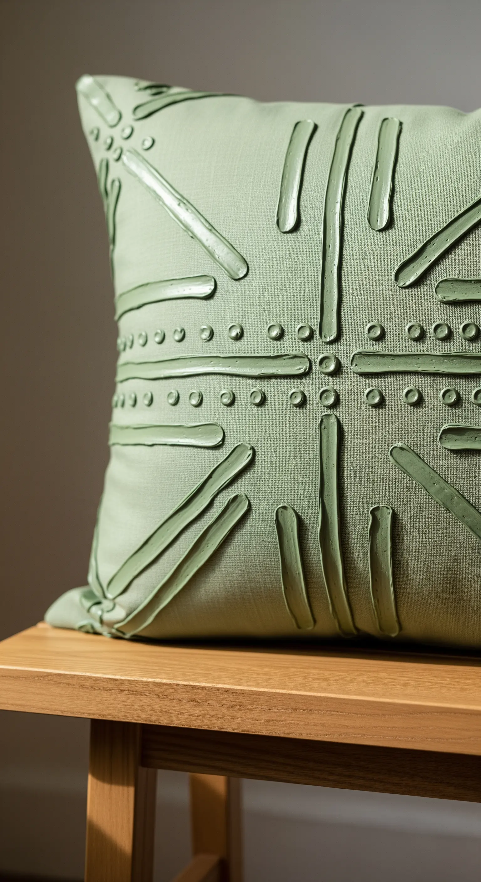 Dettaglio di un cuscino verde salvia con un motivo geometrico realizzato con pittura a rilievo.