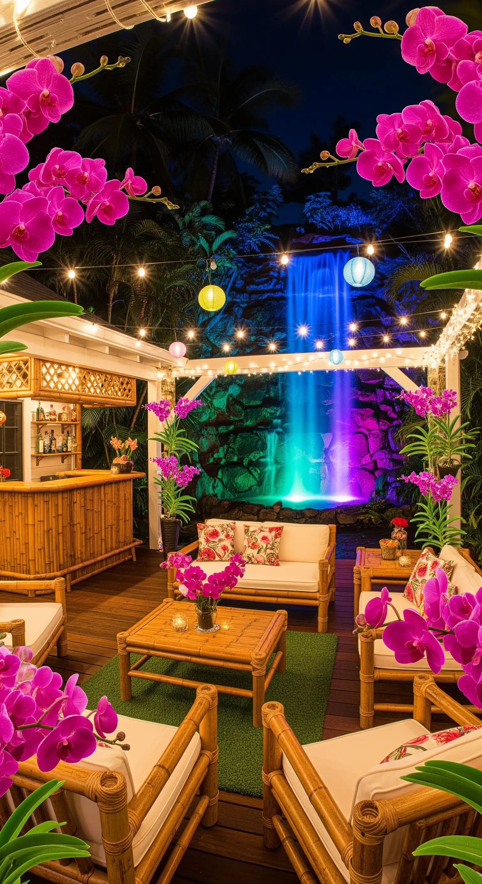 Area lounge esterna di notte con tiki bar, cascata illuminata con luci colorate e orchidee.
