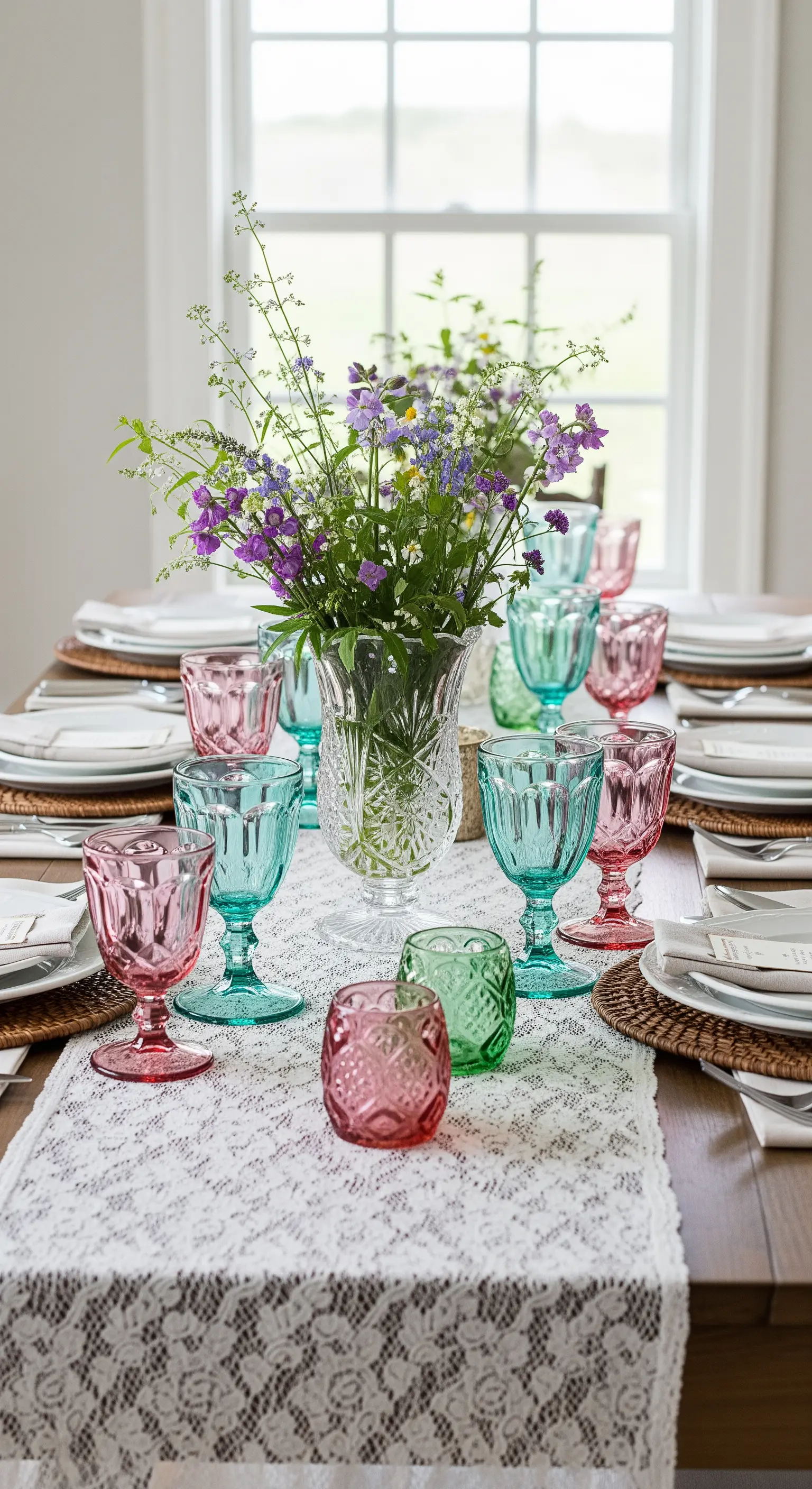 Tavola shabby chic con runner in pizzo e bicchieri in vetro colorato rosa e turchese