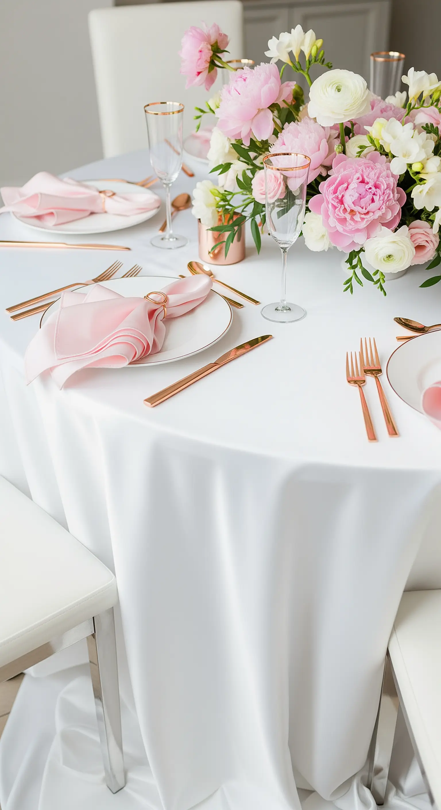 Tavola bianca con posate in oro rosa, peonie e tovaglioli rosa pallido.