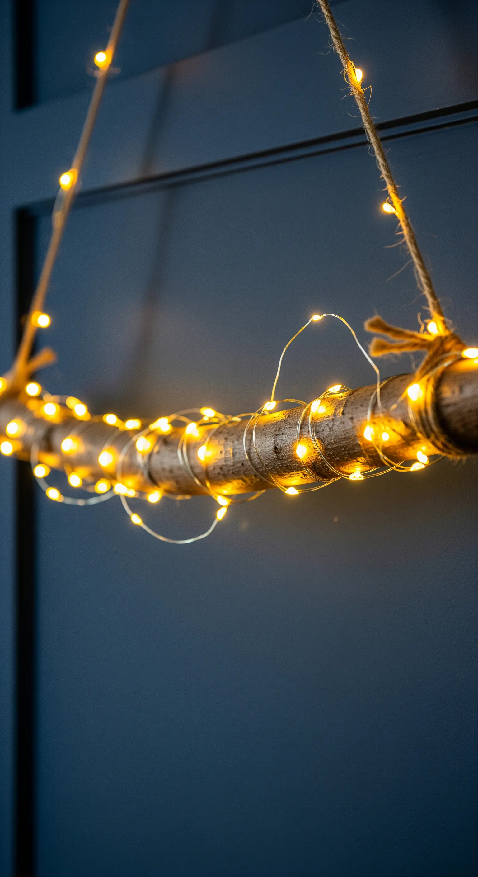 Dettaglio di un ramo di legno avvolto strettamente con una catena di micro-luci a LED calde.