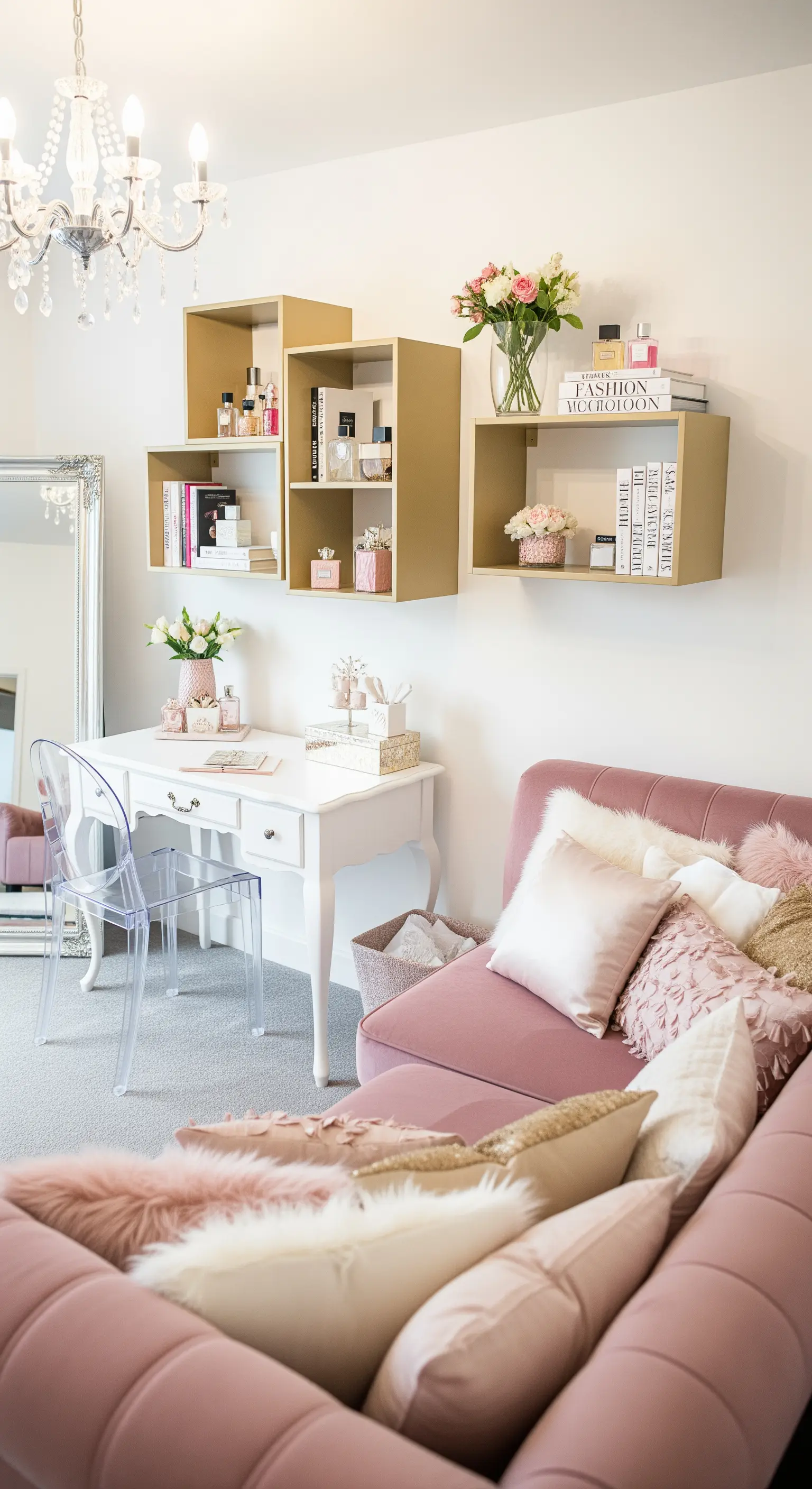 Salotto glamour con divano rosa, mensole dorate e scrivania bianca.