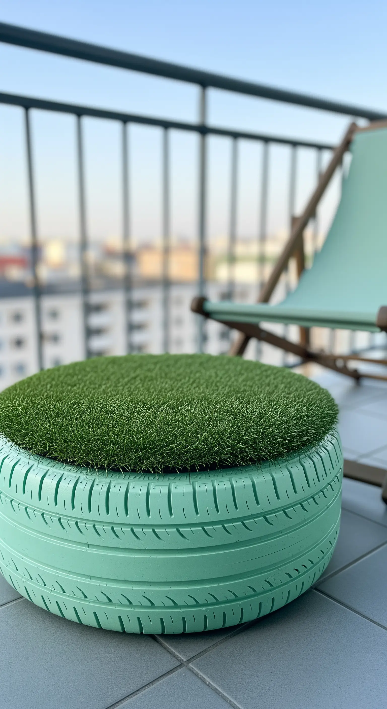 Pouf fai-da-te color verde menta con una seduta rotonda rivestita di erba sintetica.