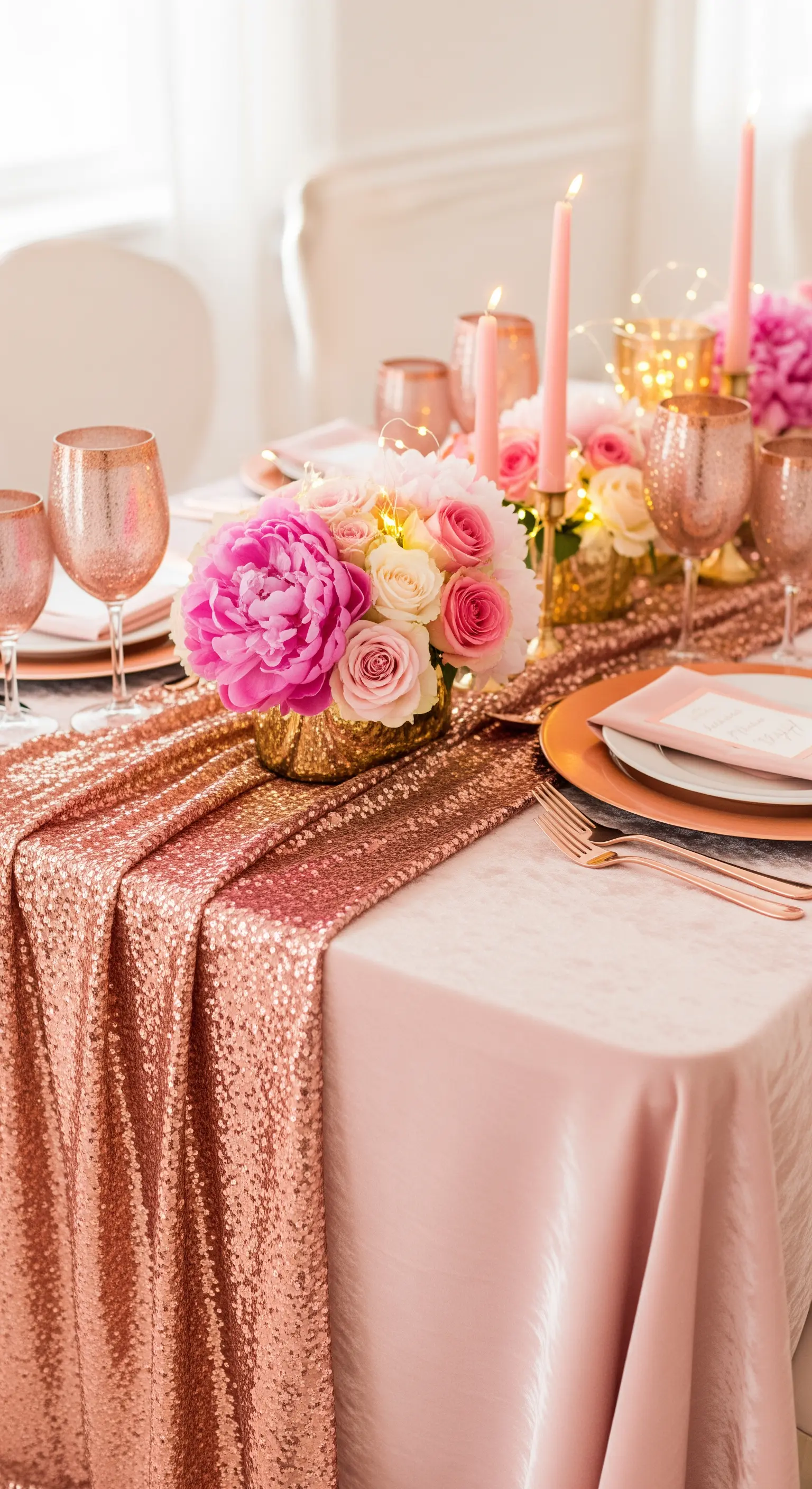 Tavola apparecchiata con runner di paillettes oro rosa, fiori rosa e calici ramati.