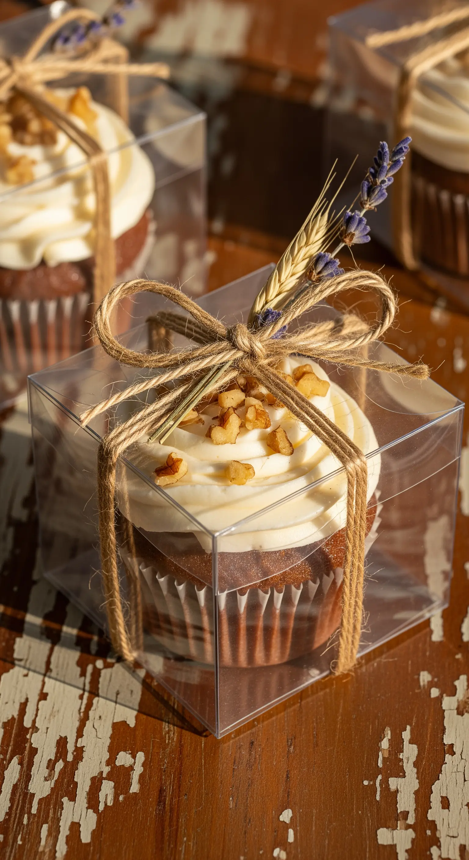 Cupcake in scatola trasparente decorato con spago di iuta, noci e lavanda.