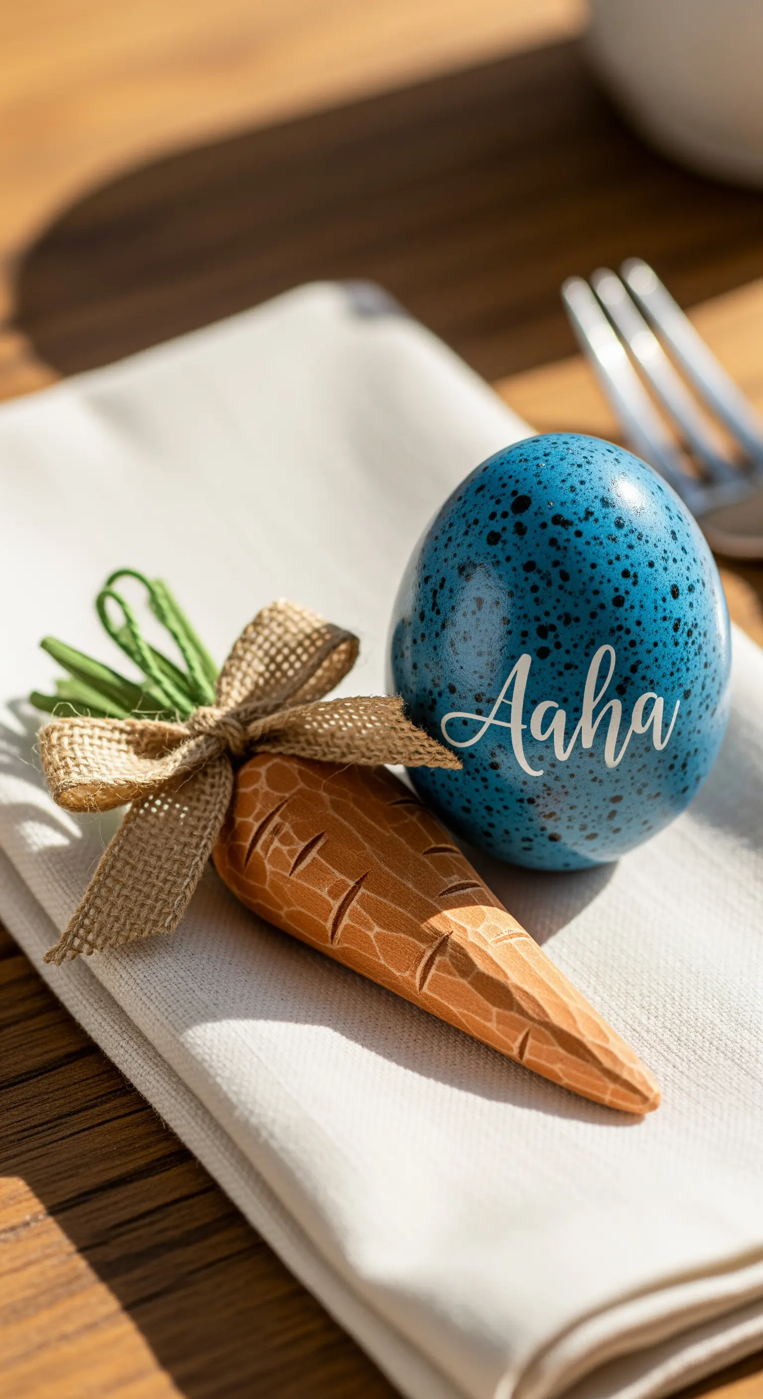 Segnaposto pasquale con uovo blu personalizzato, carota in legno e fiocco di iuta.