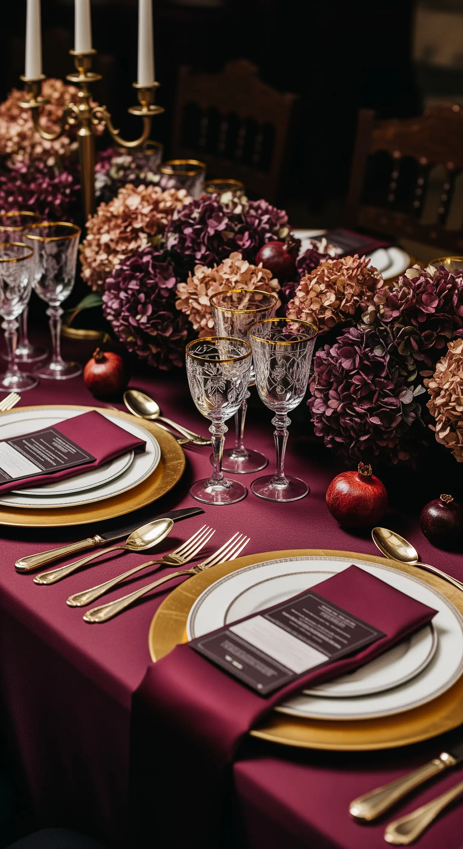 Tavola apparecchiata con tovaglia borgogna, sottopiatti dorati e ortensie secche.