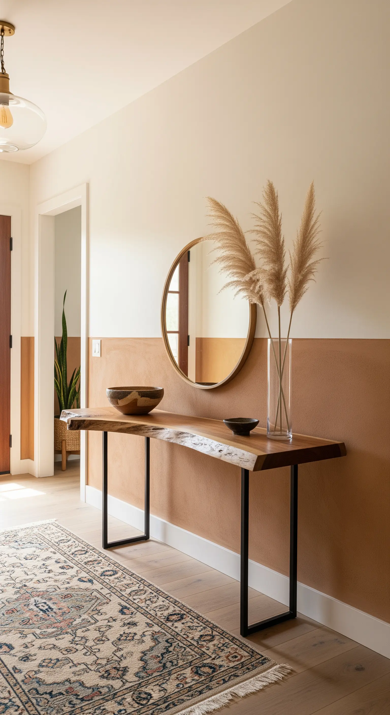 Ingresso con parete color terra bruciata e consolle in legno massiccio live edge.