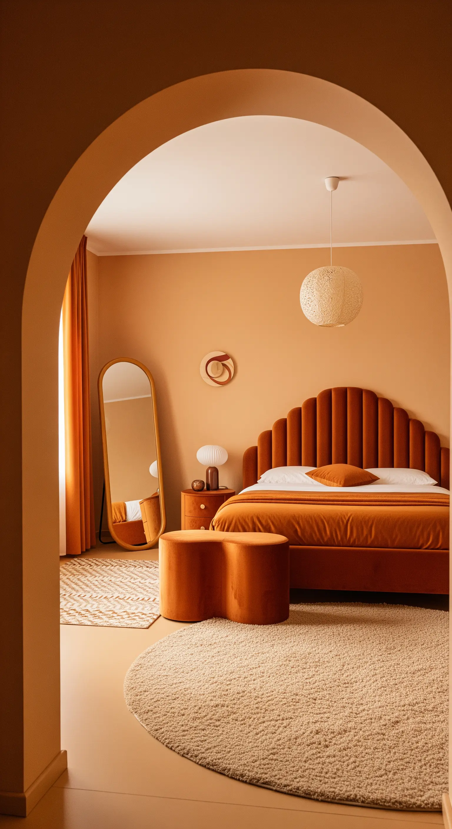 Camera da letto monocromatica nei toni dell'albicocca con testiera e specchio dalle forme arrotondate.