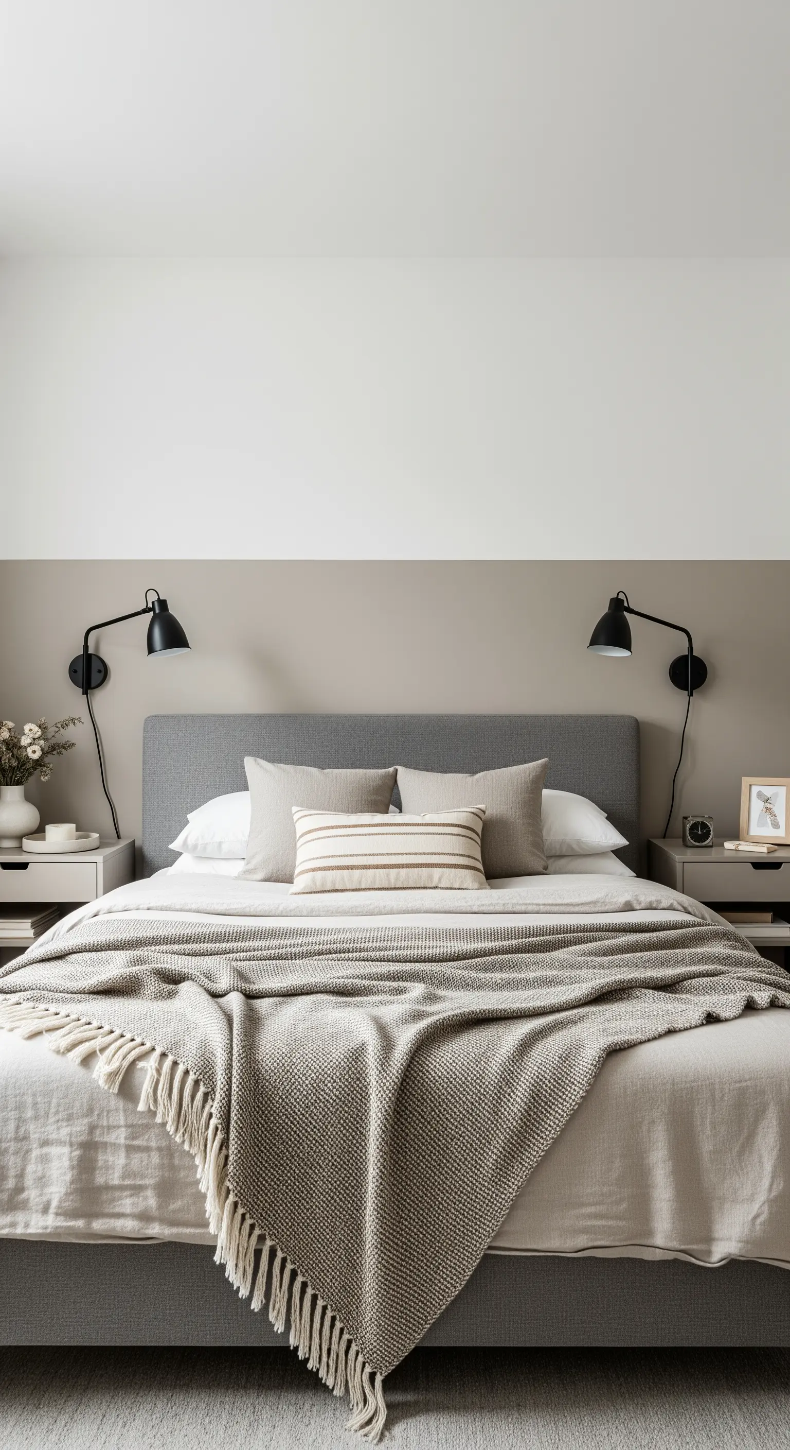 Camera da letto neutra con parete beige e bianca, testiera in tessuto e coperte a maglia.