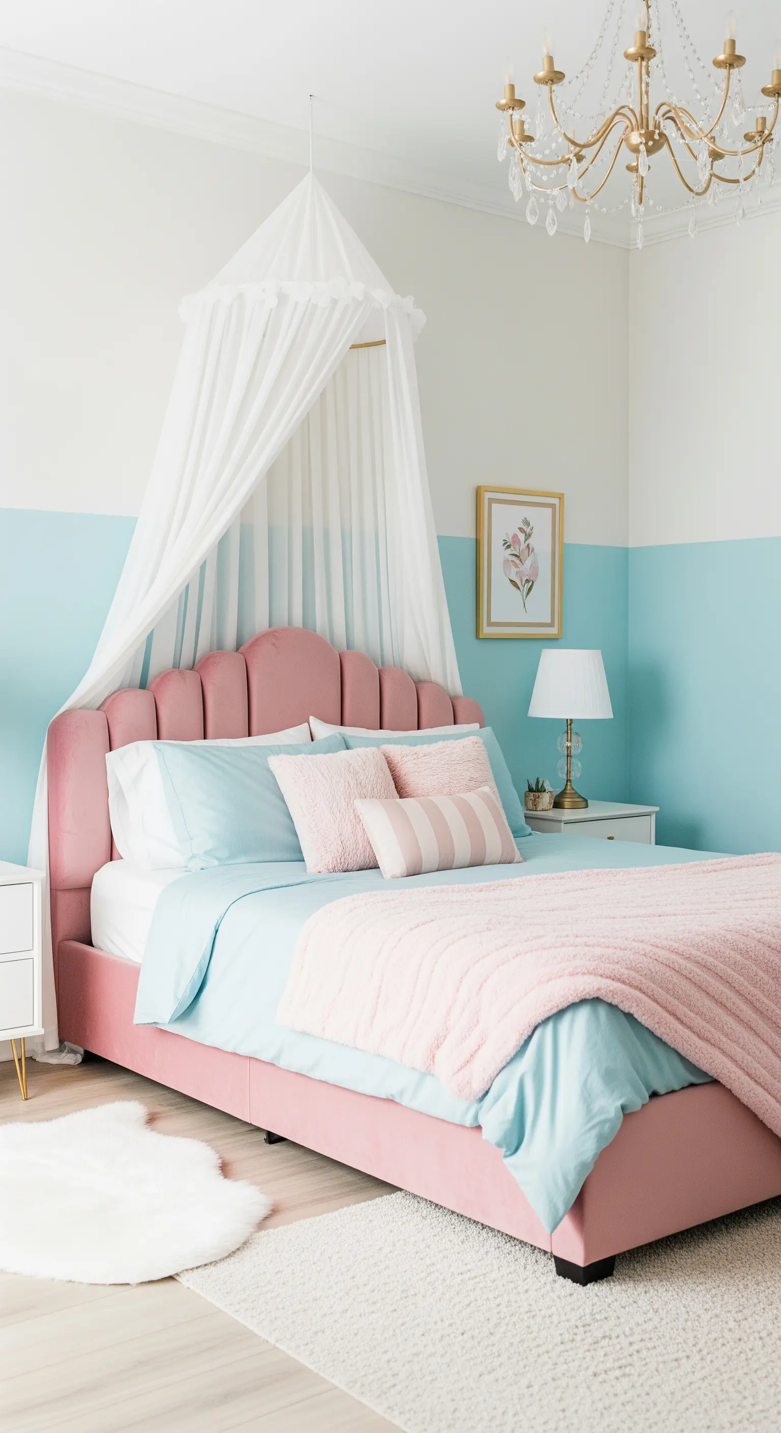 Camera da letto romantica con parete azzurro pastello e bianca, e letto in velluto rosa.
